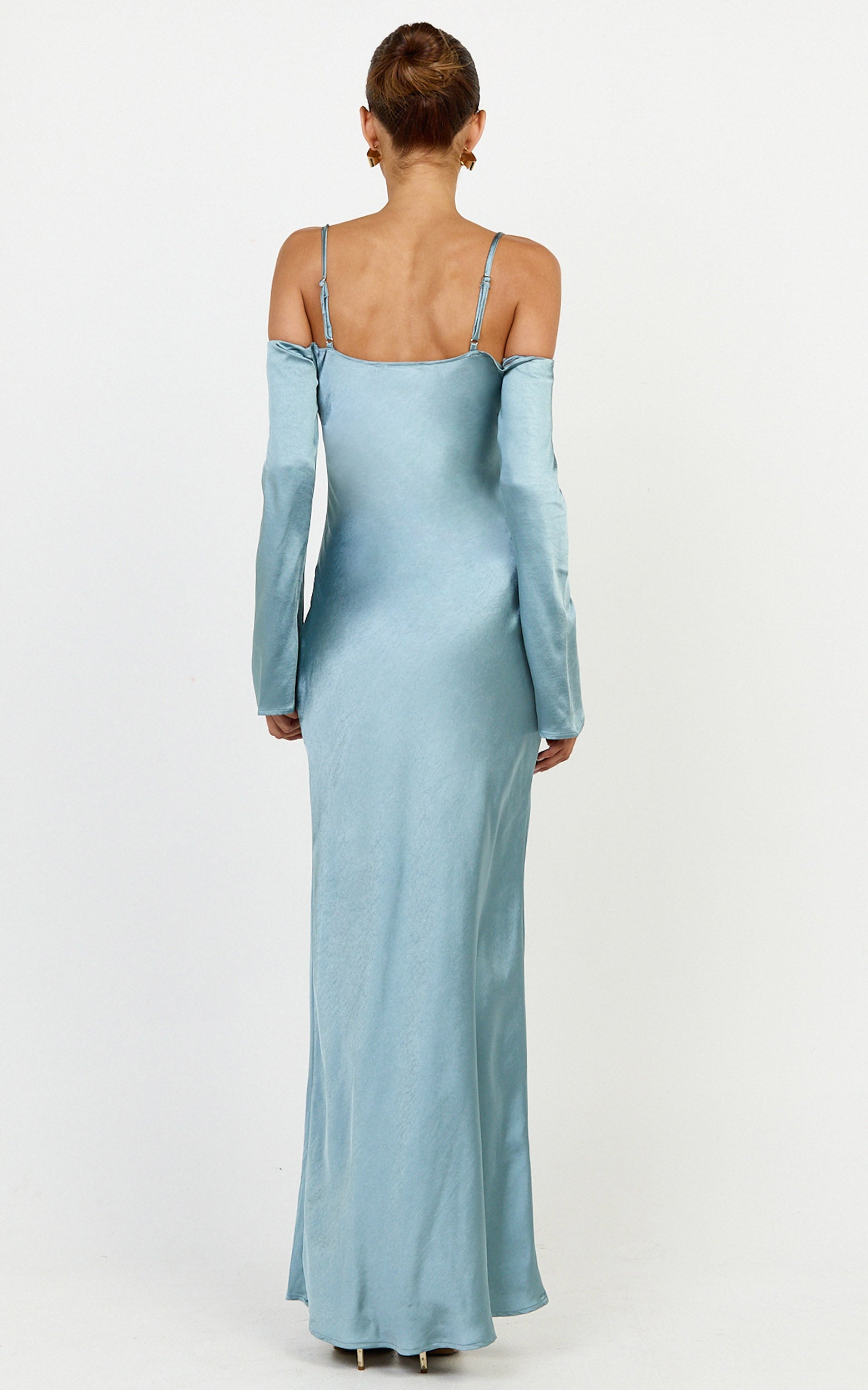 Isabella Maxi Dress - Off Shoulder Long Sleeve Satin Dress in Blue - View 5