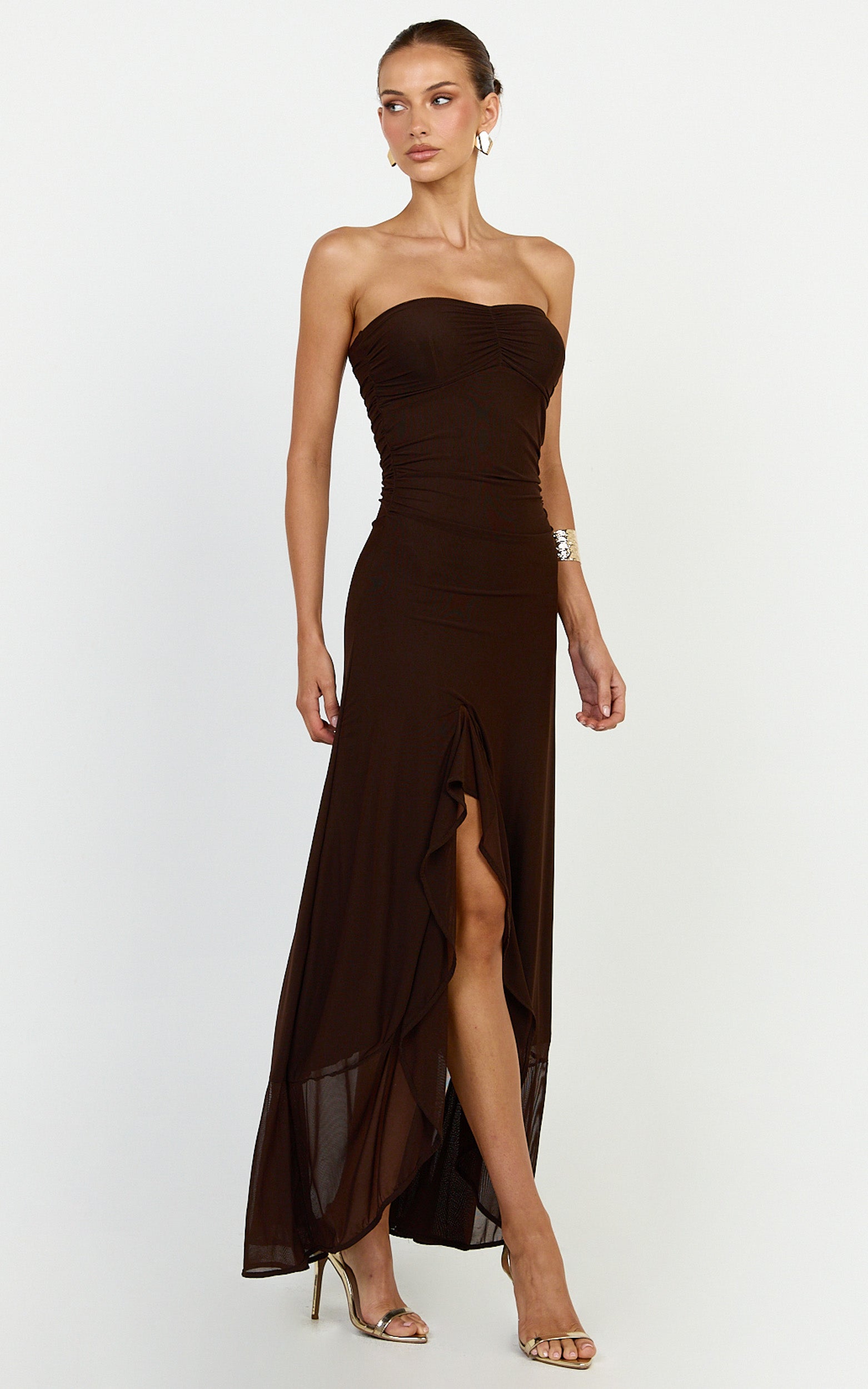 Oceana Maxi Dress - Strapless Sweetheart Neckline Mesh Dress in Chocolate - View 2