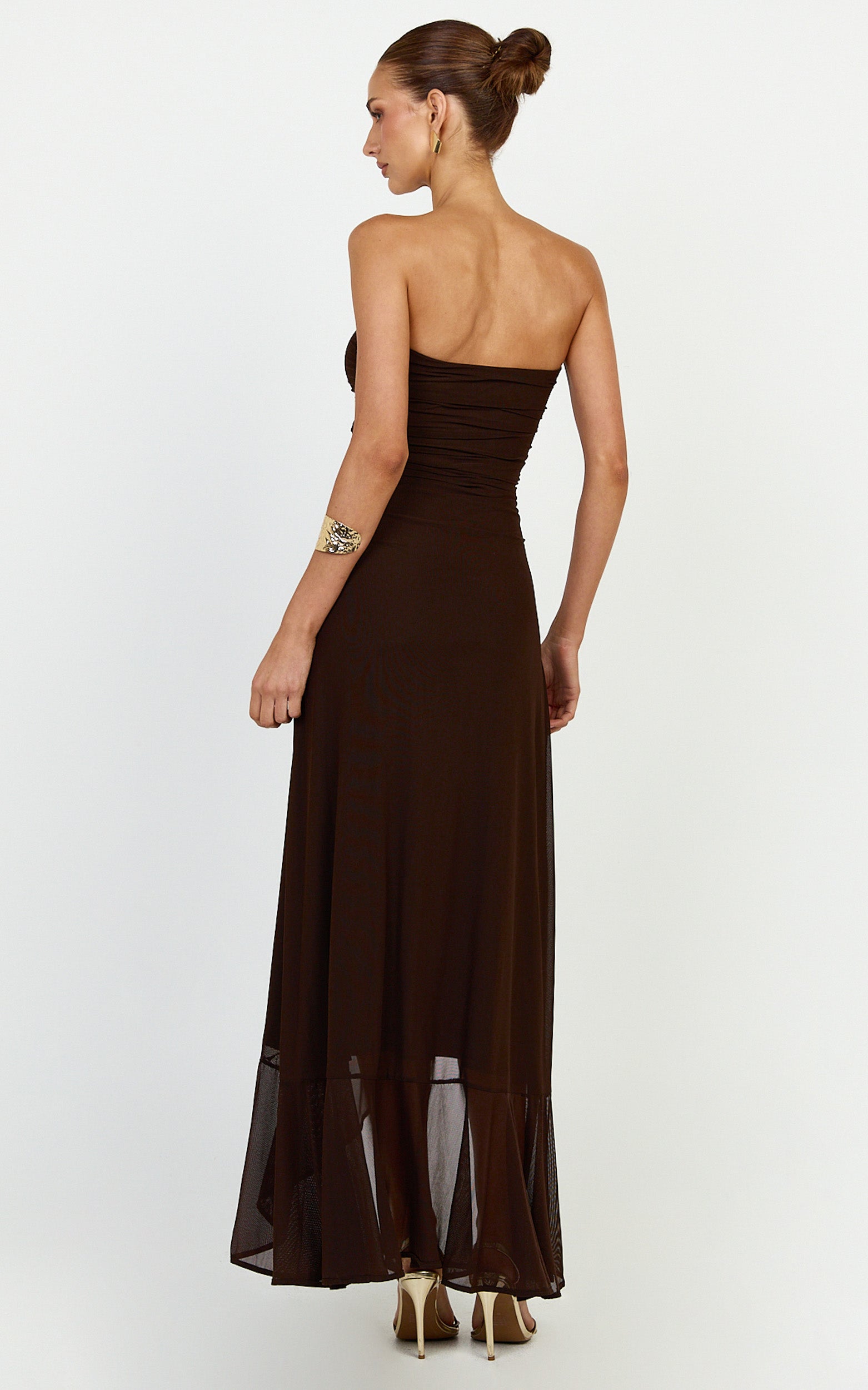 Oceana Maxi Dress - Strapless Sweetheart Neckline Mesh Dress in Chocolate - View 5