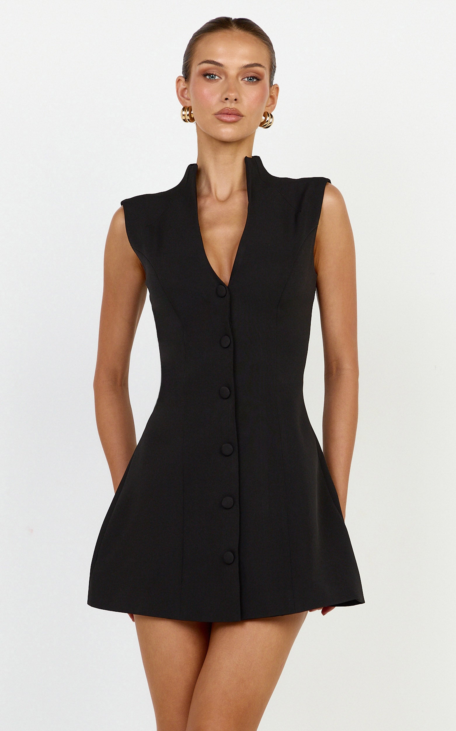 Jacinta Mini Dress - Sleeveless Button Front Tulip Dress in Black - View 3