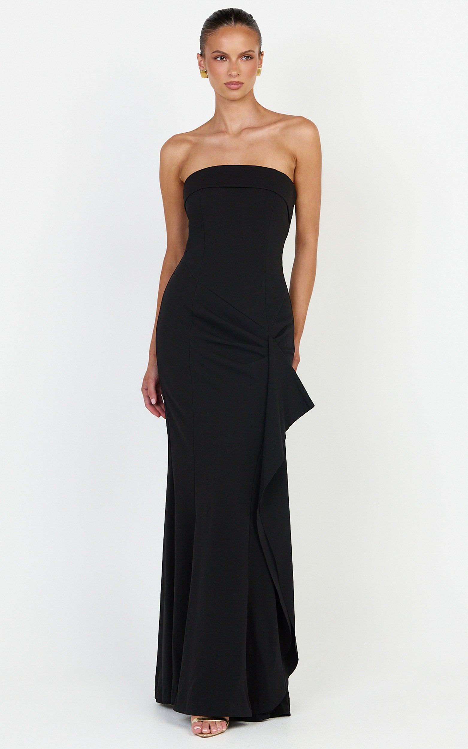 Leda Maxi Dress - Strapless Waterfall Sash Dress in Black - View 4