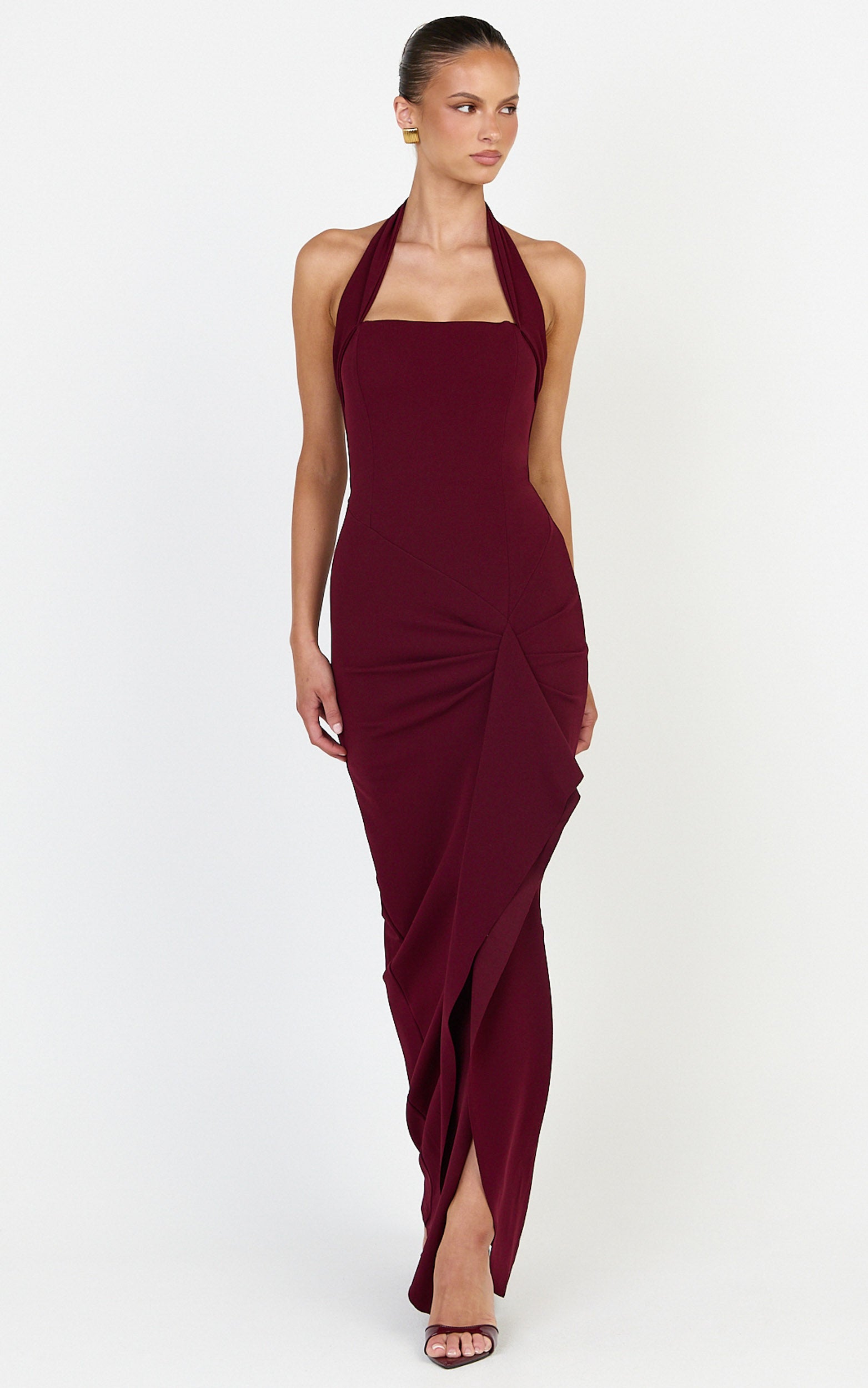 Lyra Maxi Dress - Halter Neck Waterfall Sash Dress in Wine - View 3