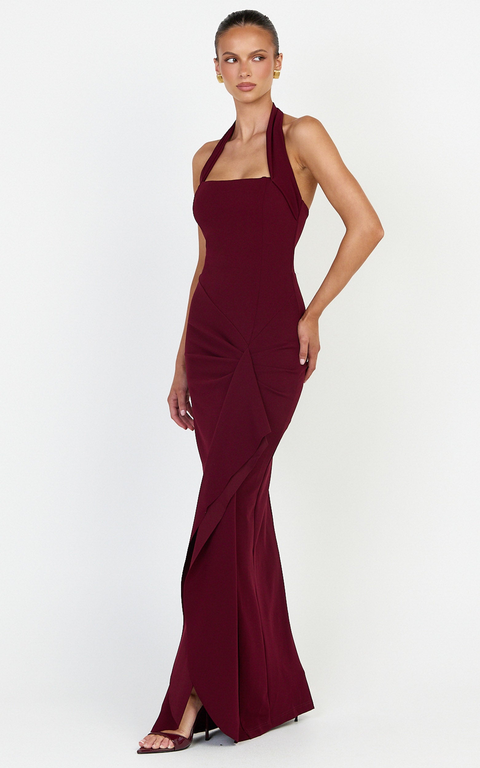 Lyra Maxi Dress - Halter Neck Waterfall Sash Dress in Wine - View 2