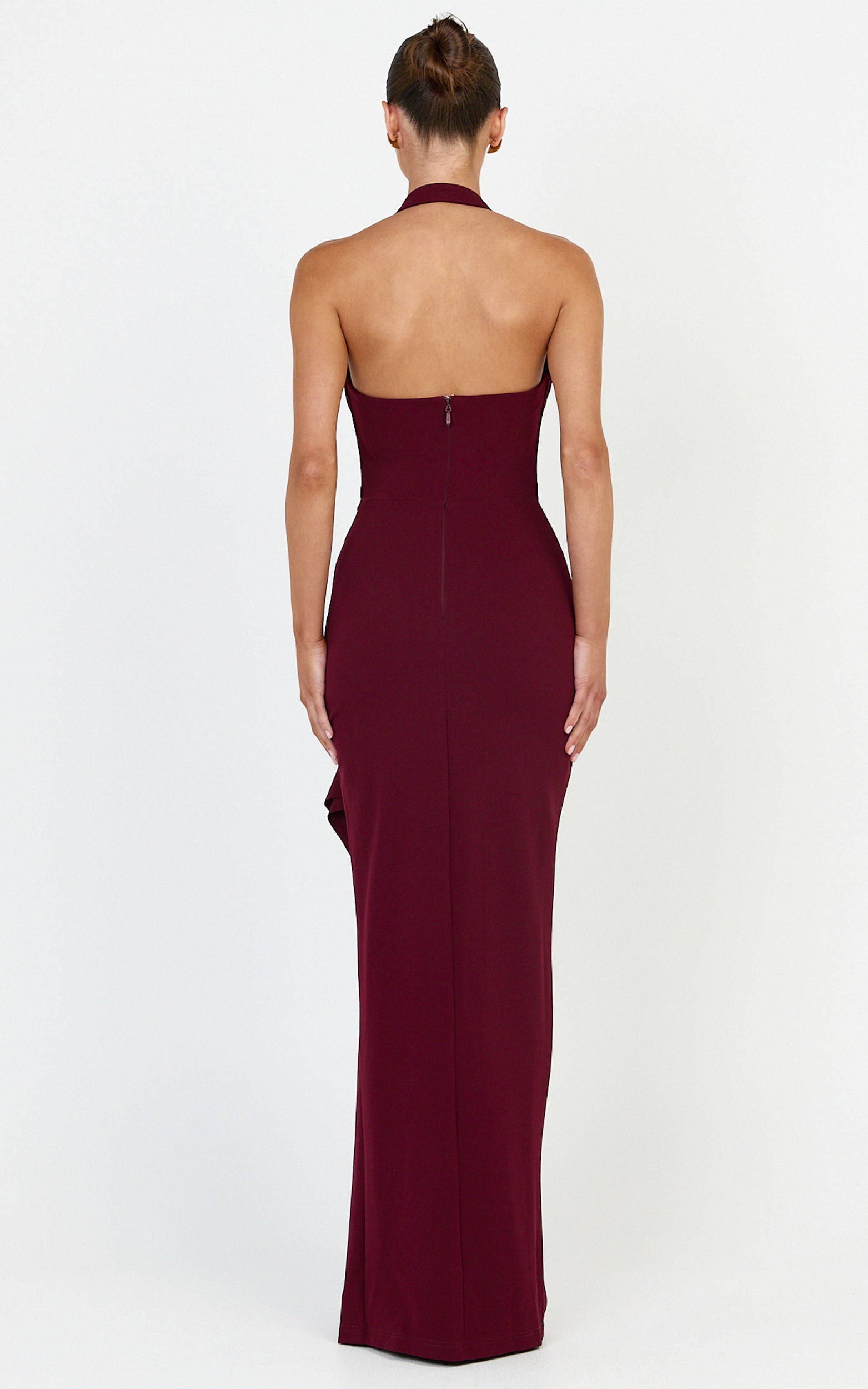 Lyra Maxi Dress - Halter Neck Waterfall Sash Dress in Wine - View 5