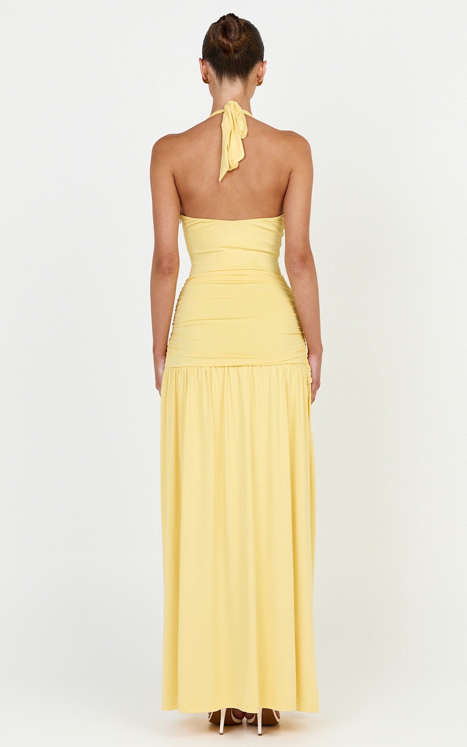 Phoenix Maxi Dress - Halter Neck Gold Trim Jersey Dress in Yellow - View 5