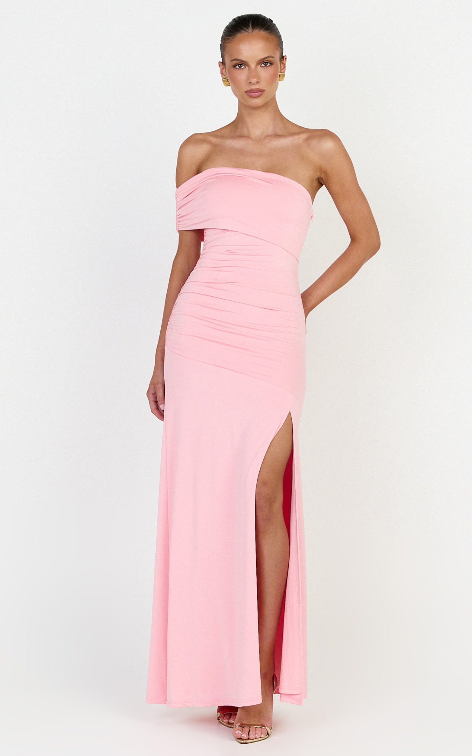 Opal Maxi Dress - Off Shoulder Gathered Bodice Fit And Flare Dress in Pink - View 4