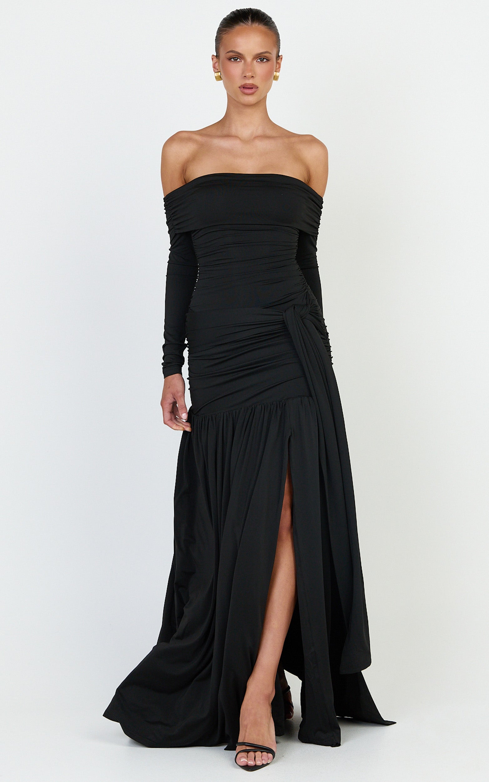 Amaya Maxi Dress - Off Shoulder Draped Long Sleeve Dress in Black - View 3