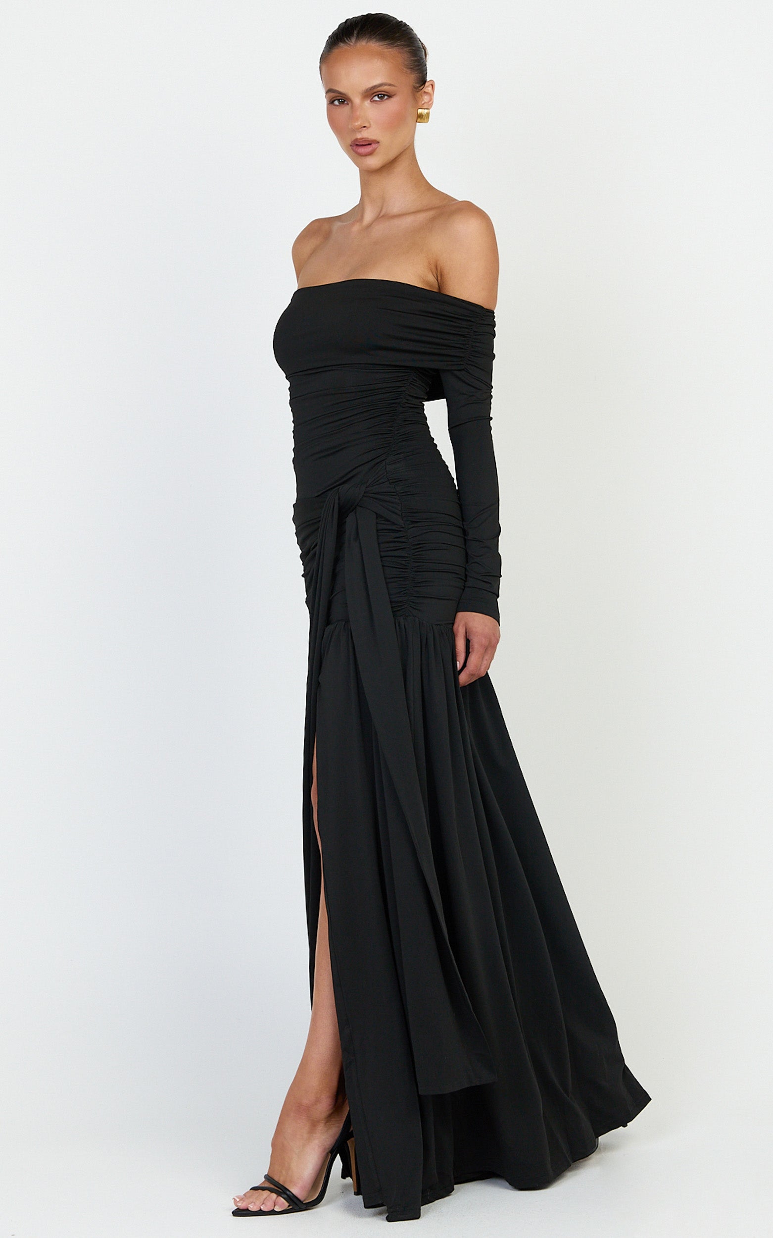 Amaya Maxi Dress - Off Shoulder Draped Long Sleeve Dress in Black - View 2