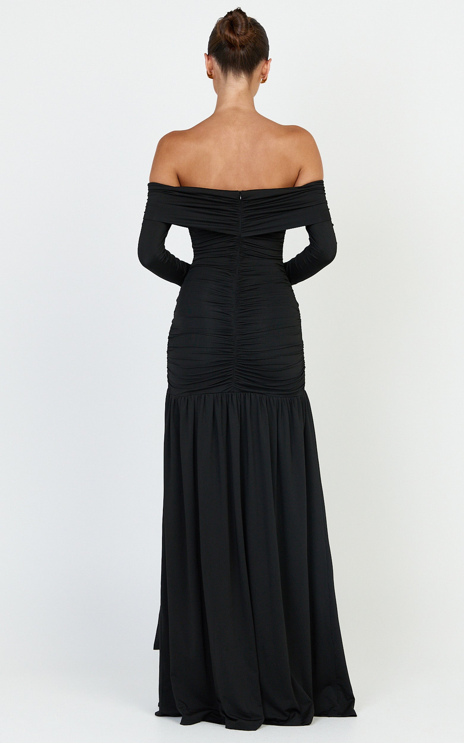 Amaya Maxi Dress - Off Shoulder Draped Long Sleeve Dress in Black - View 5