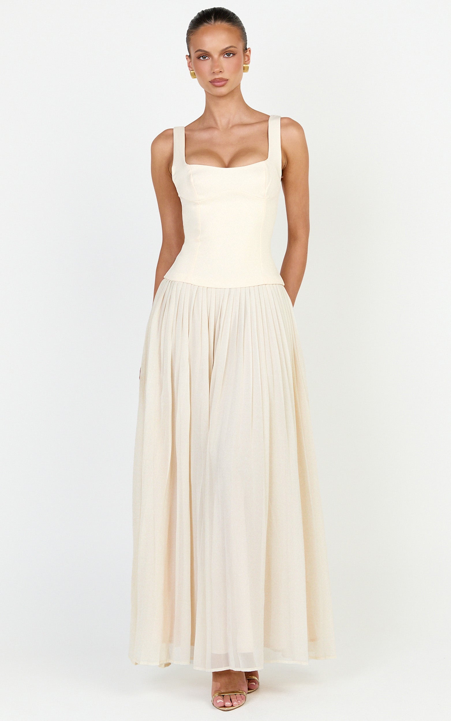 Amoura Maxi Dress - Square Neck Contrast Pleated Georgette Dress in Cream - View 4