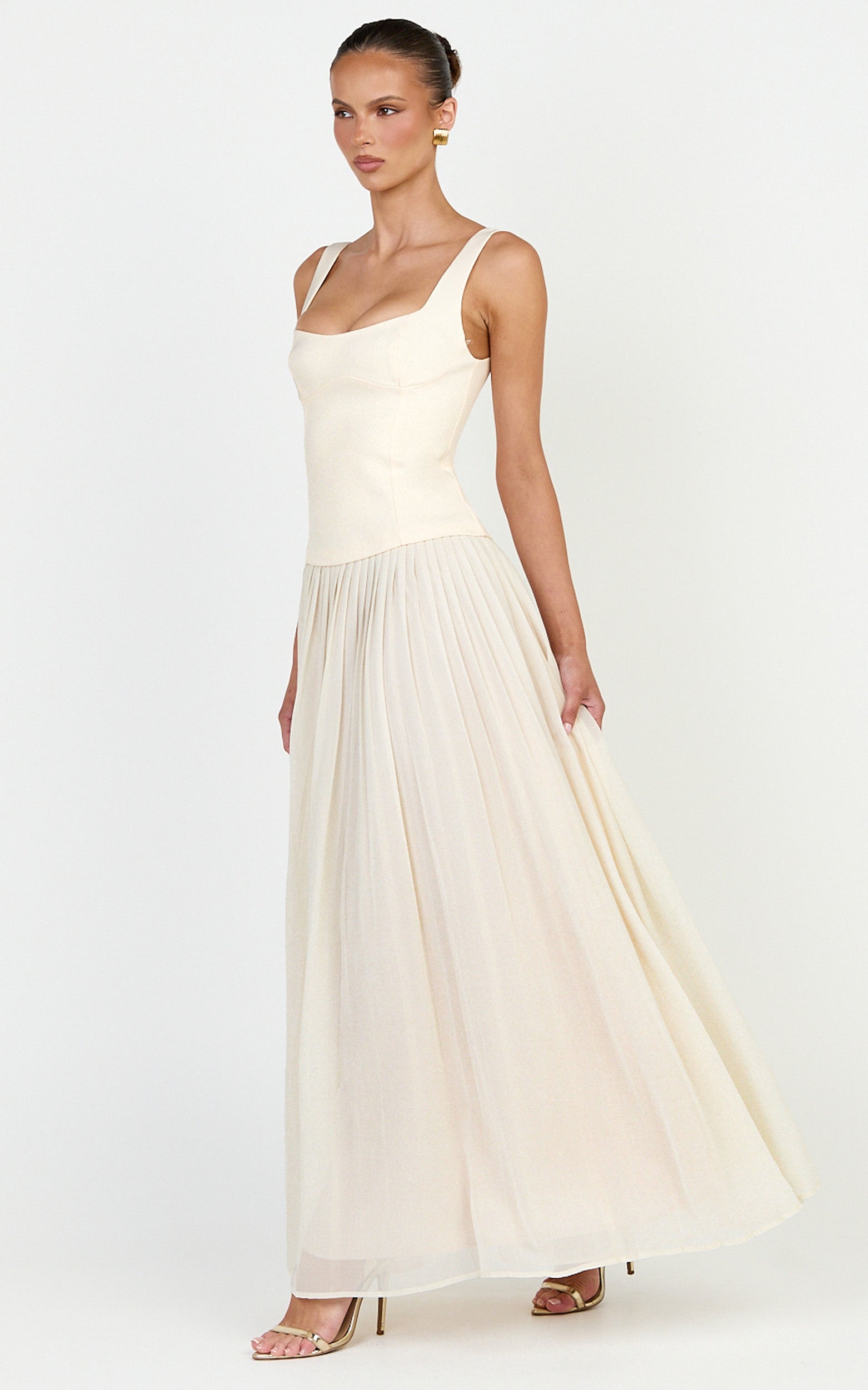 Amoura Maxi Dress - Square Neck Contrast Pleated Georgette Dress in Cream - View 2