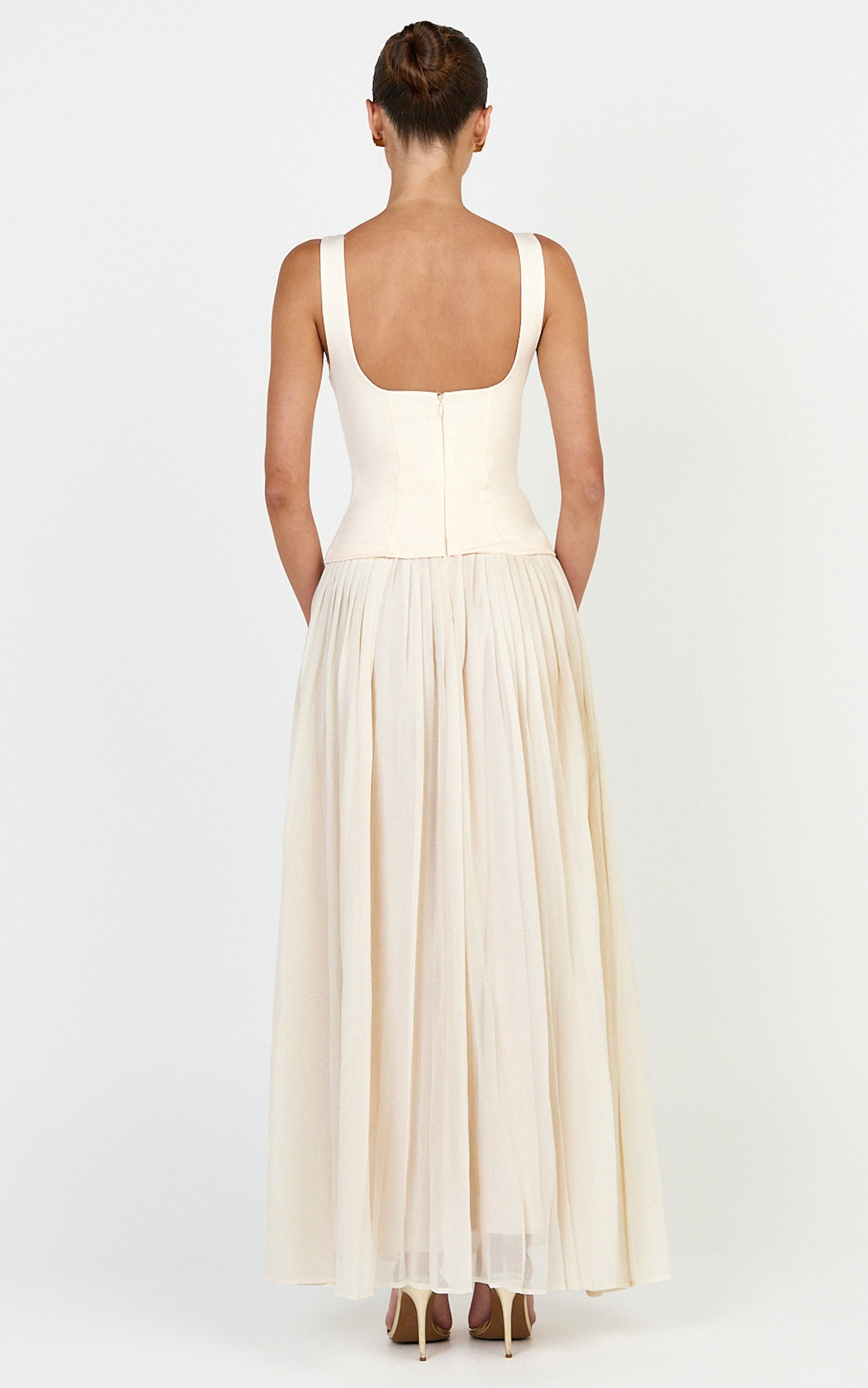 Amoura Maxi Dress - Square Neck Contrast Pleated Georgette Dress in Cream - View 6