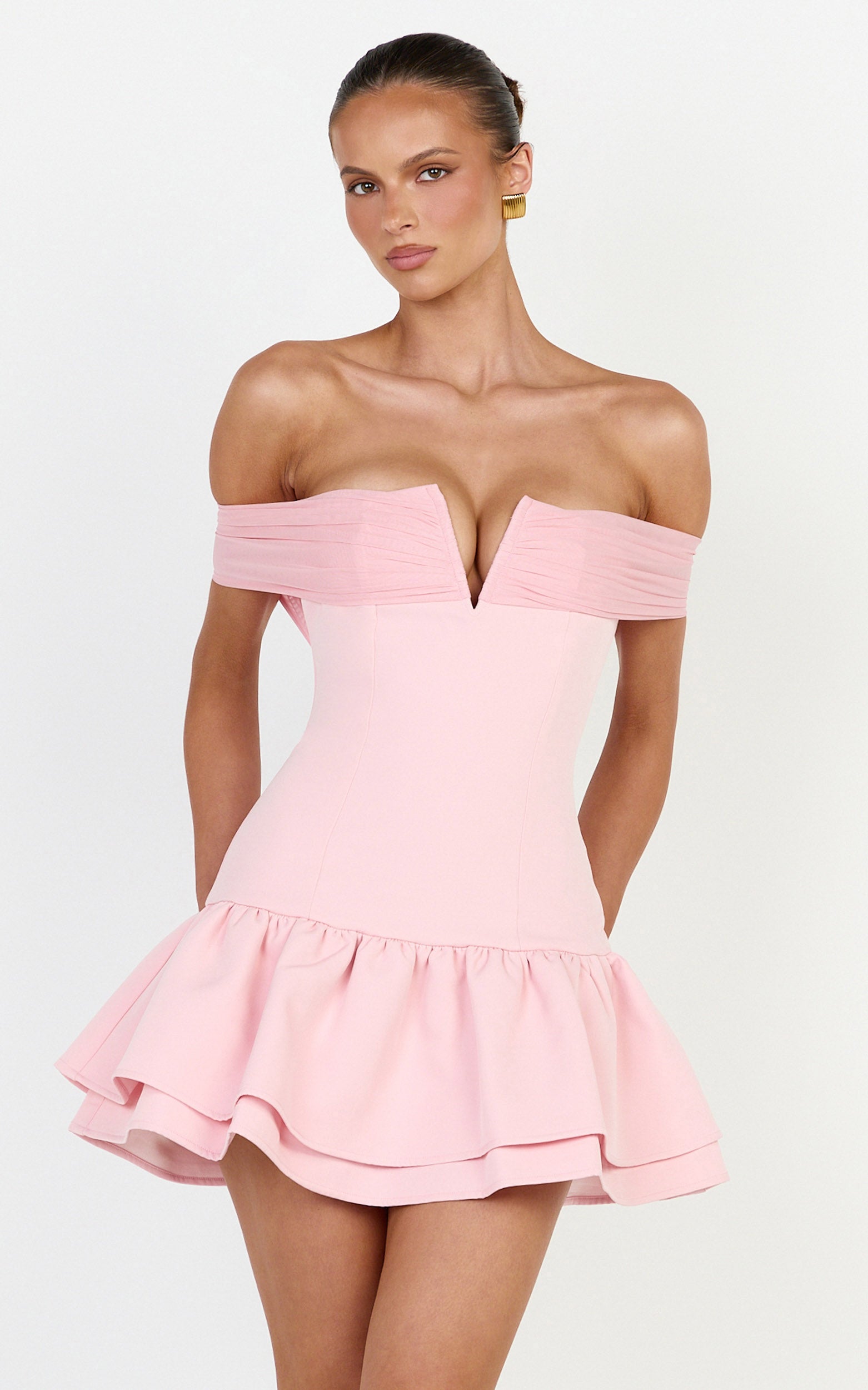 Vienna Mini Dress - Off Shoulder Tiered Hem Dress in Pink - View 3