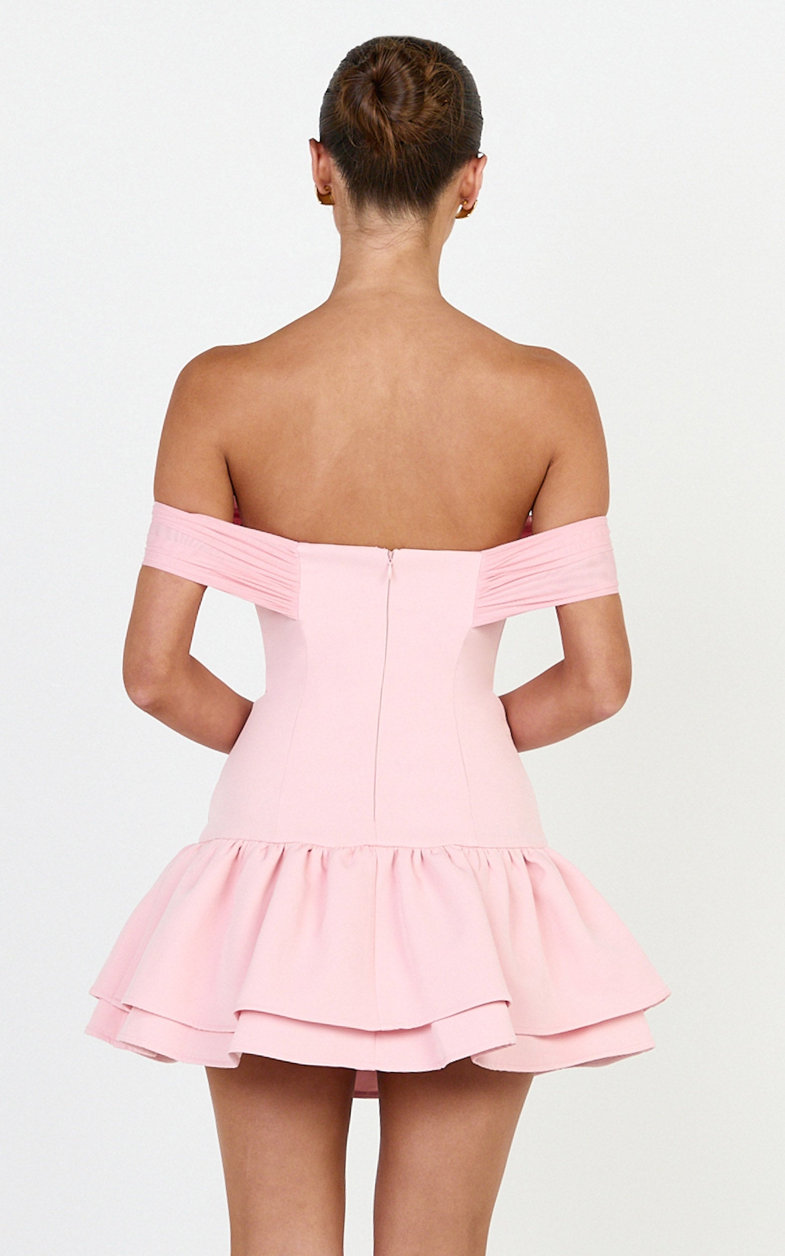 Vienna Mini Dress - Off Shoulder Tiered Hem Dress in Pink - View 5
