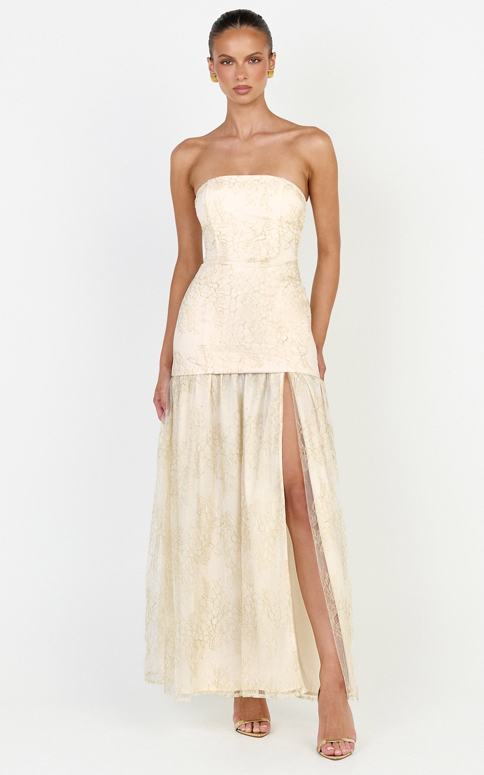Brielle Maxi Dress - Strapless Gathered Fit & Flare Lace Dress in Champagne - View 1