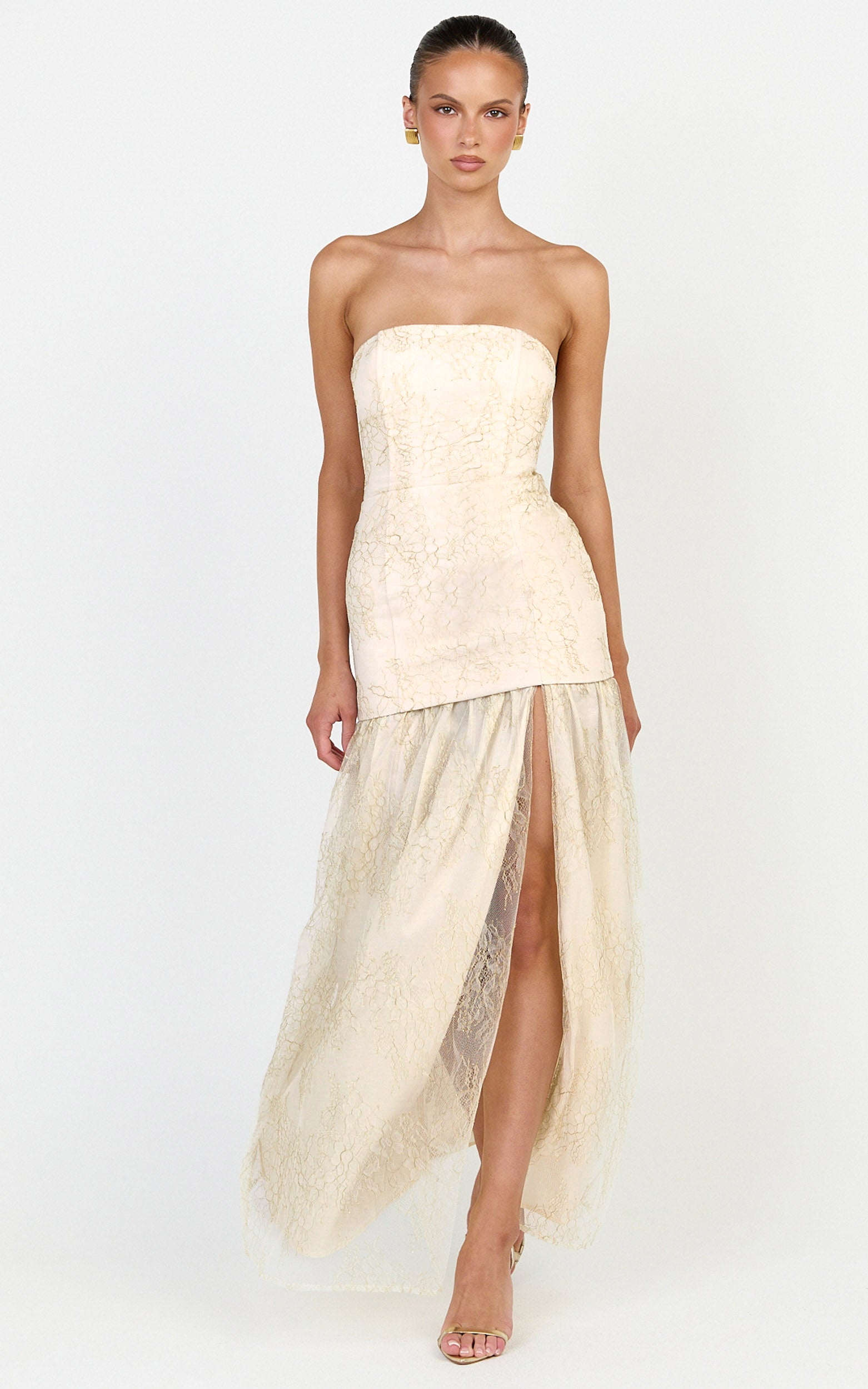 Brielle Maxi Dress - Strapless Gathered Fit & Flare Lace Dress in Champagne - View 3