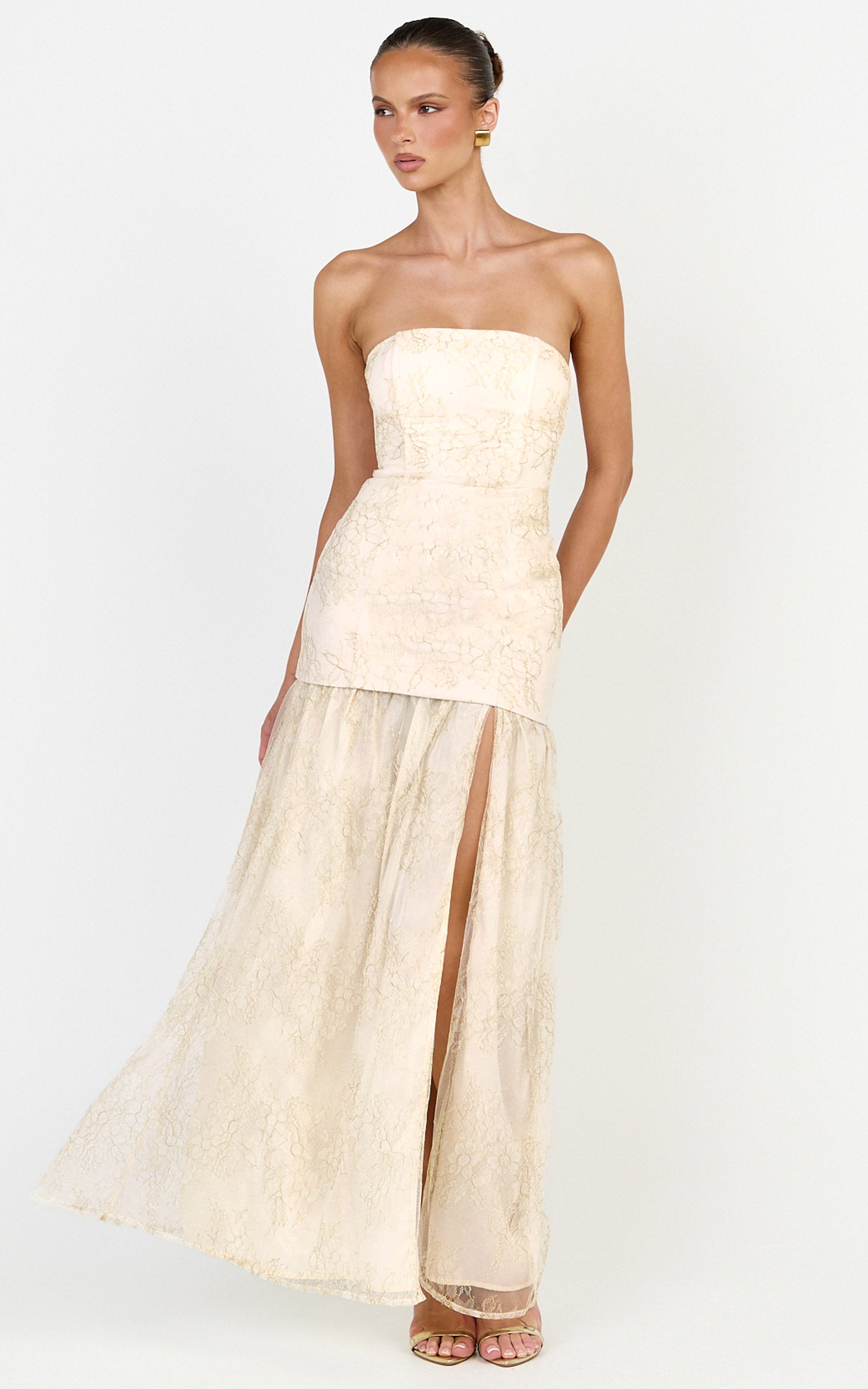 Brielle Maxi Dress - Strapless Gathered Fit & Flare Lace Dress in Champagne - View 4