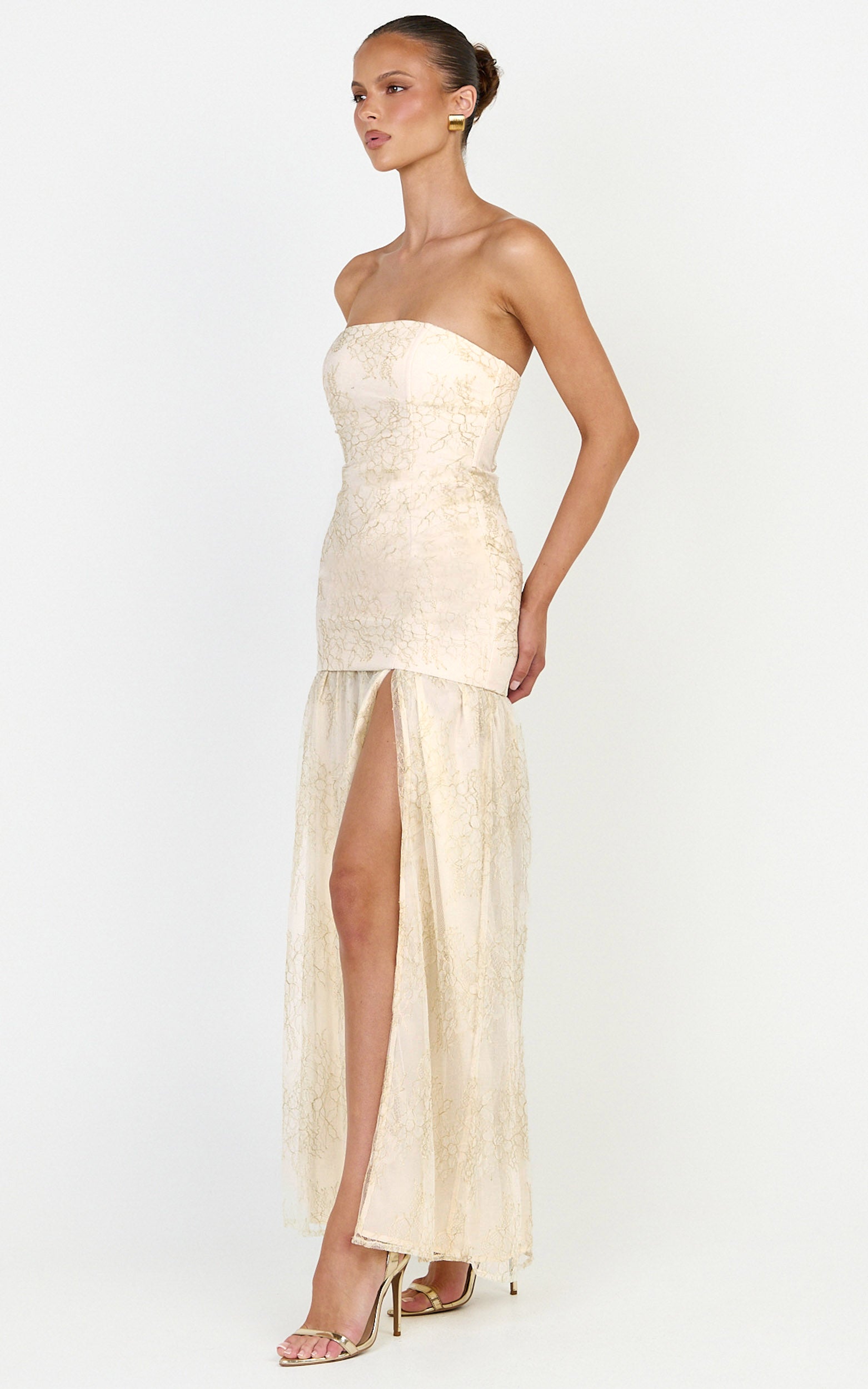 Brielle Maxi Dress - Strapless Gathered Fit & Flare Lace Dress in Champagne - View 2