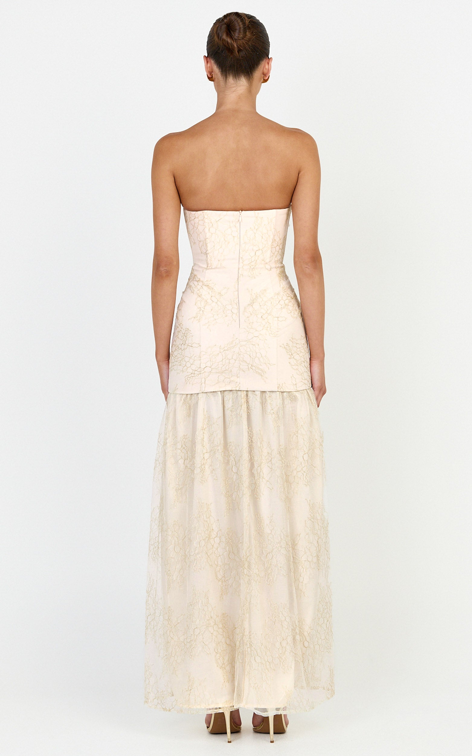Brielle Maxi Dress - Strapless Gathered Fit & Flare Lace Dress in Champagne - View 5