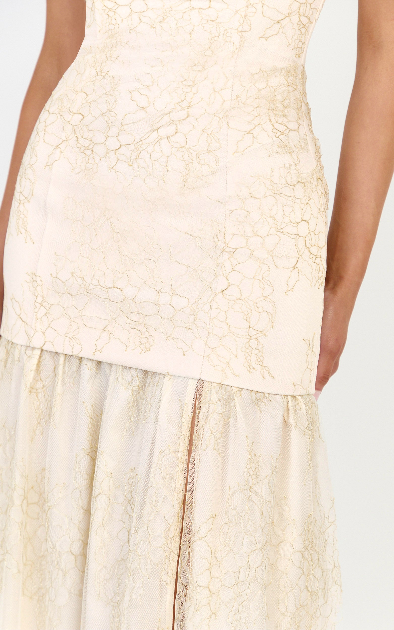 Brielle Maxi Dress - Strapless Gathered Fit & Flare Lace Dress in Champagne - View 6