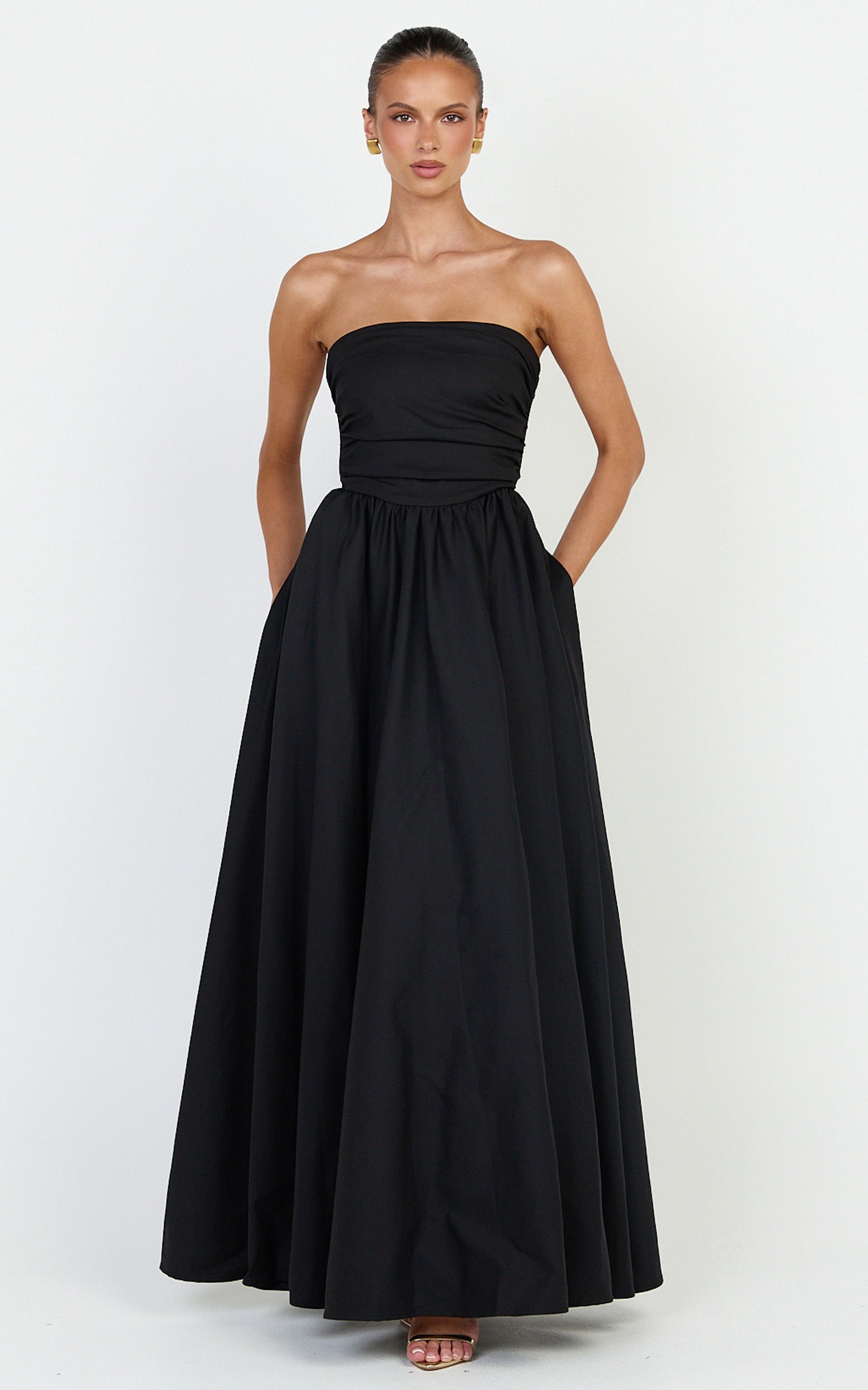 Gia Maxi Dress - Gathered Bodice Fit And Flare Dress in Black - View 3