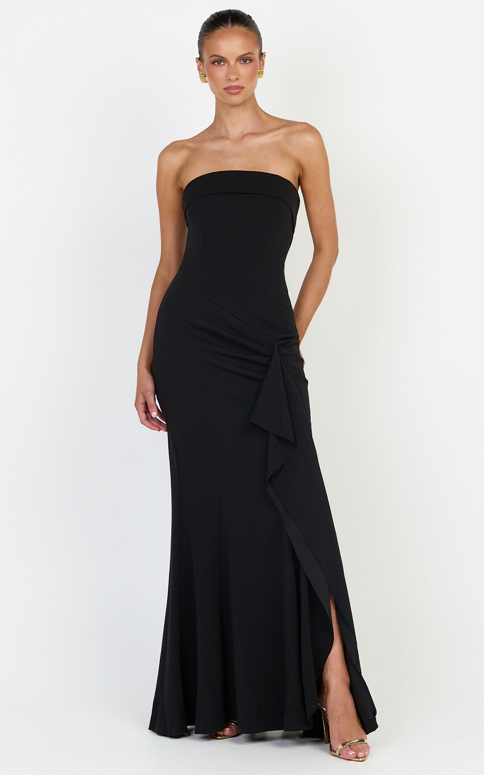 Leda Maxi Dress - Strapless Waterfall Sash Dress in Black - View 1