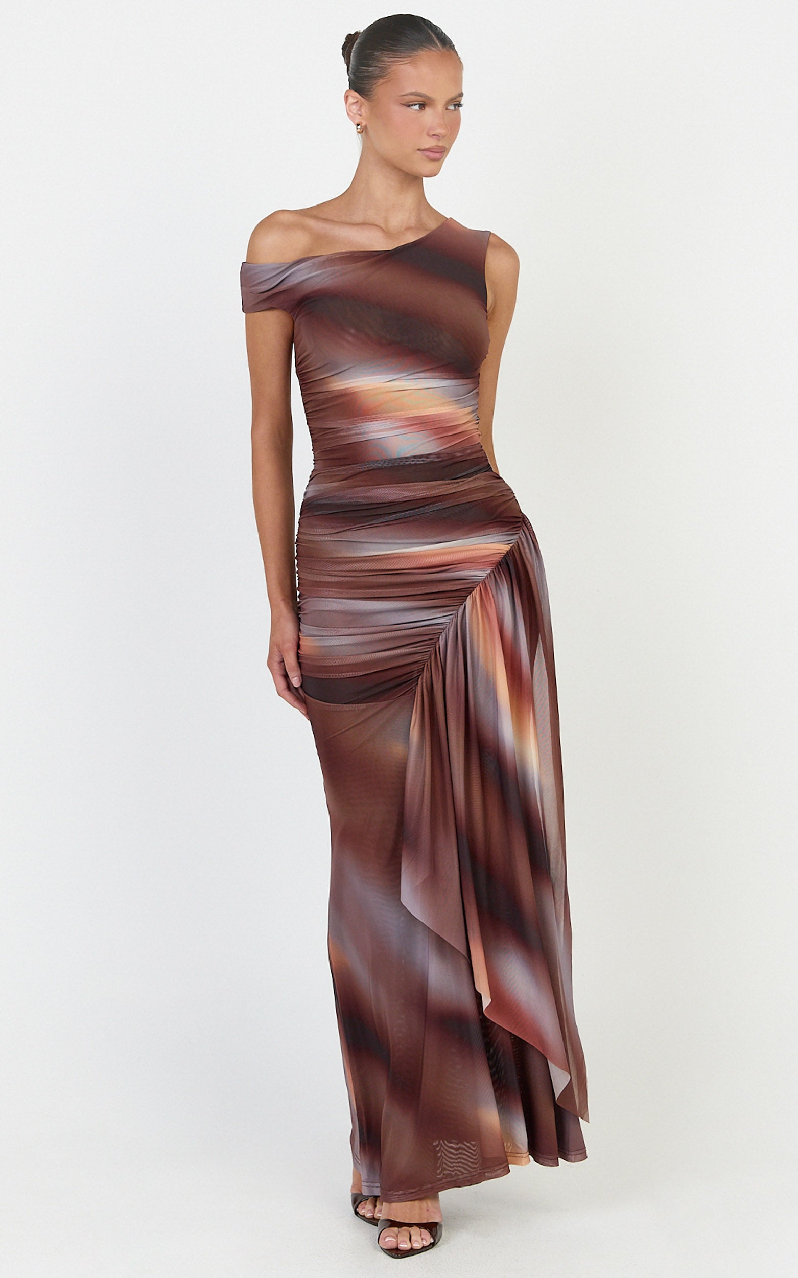 Lucienne Maxi Dress - Asymmetric Neckline Gathered Draped Sash Dress in Aurora Print - View 4