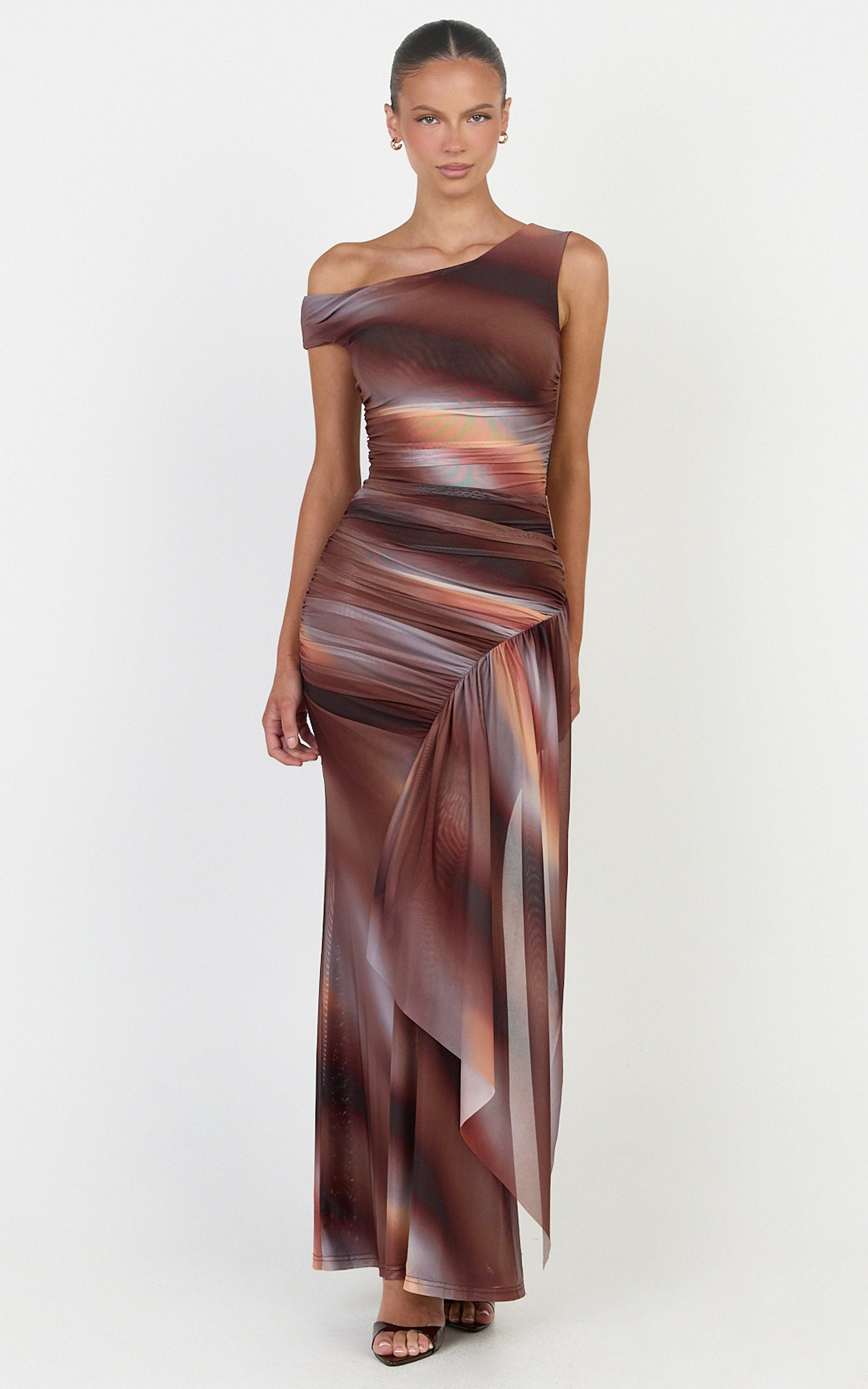 Lucienne Maxi Dress - Asymmetric Neckline Gathered Draped Sash Dress in Aurora Print - View 3