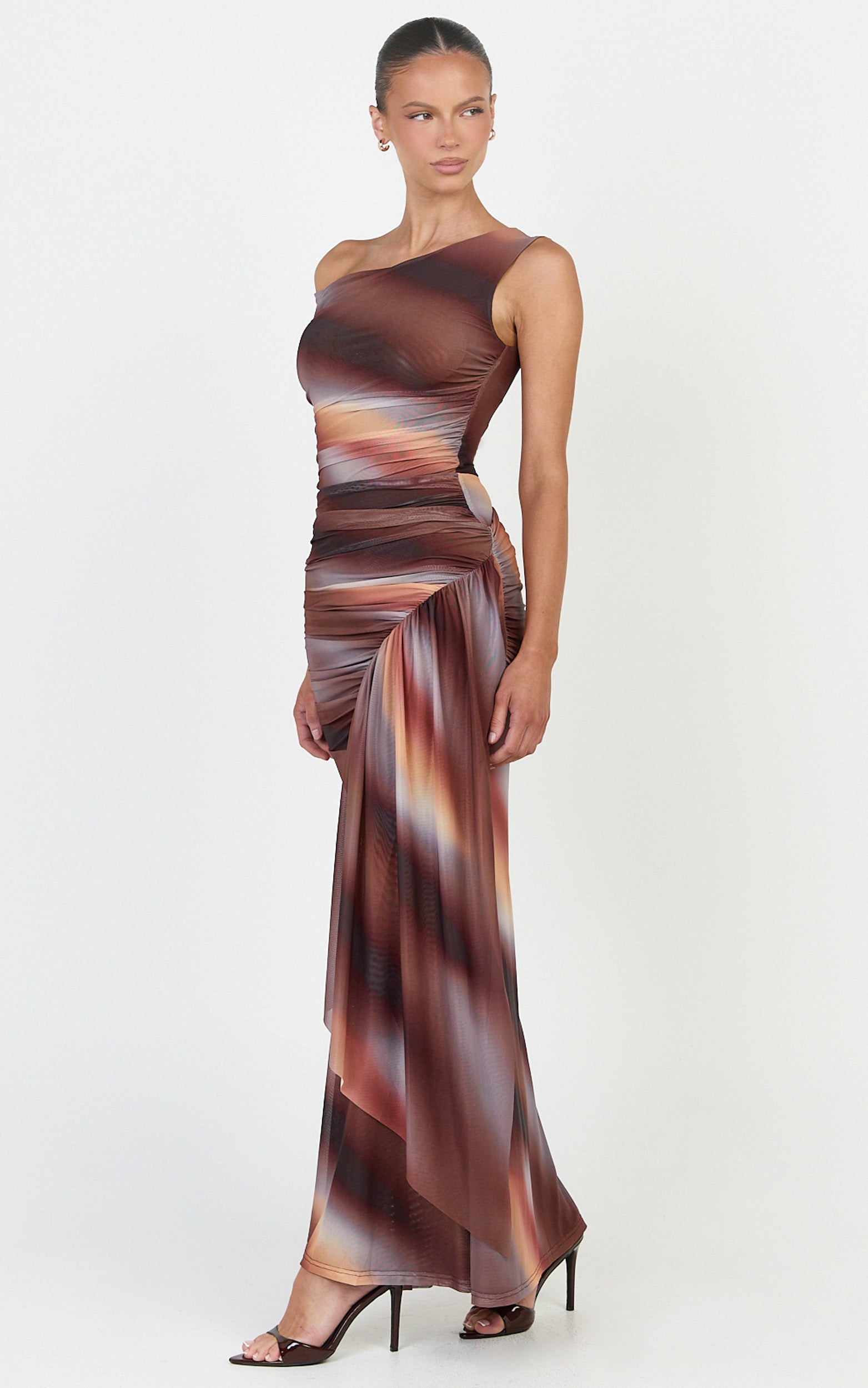 Lucienne Maxi Dress - Asymmetric Neckline Gathered Draped Sash Dress in Aurora Print - View 2