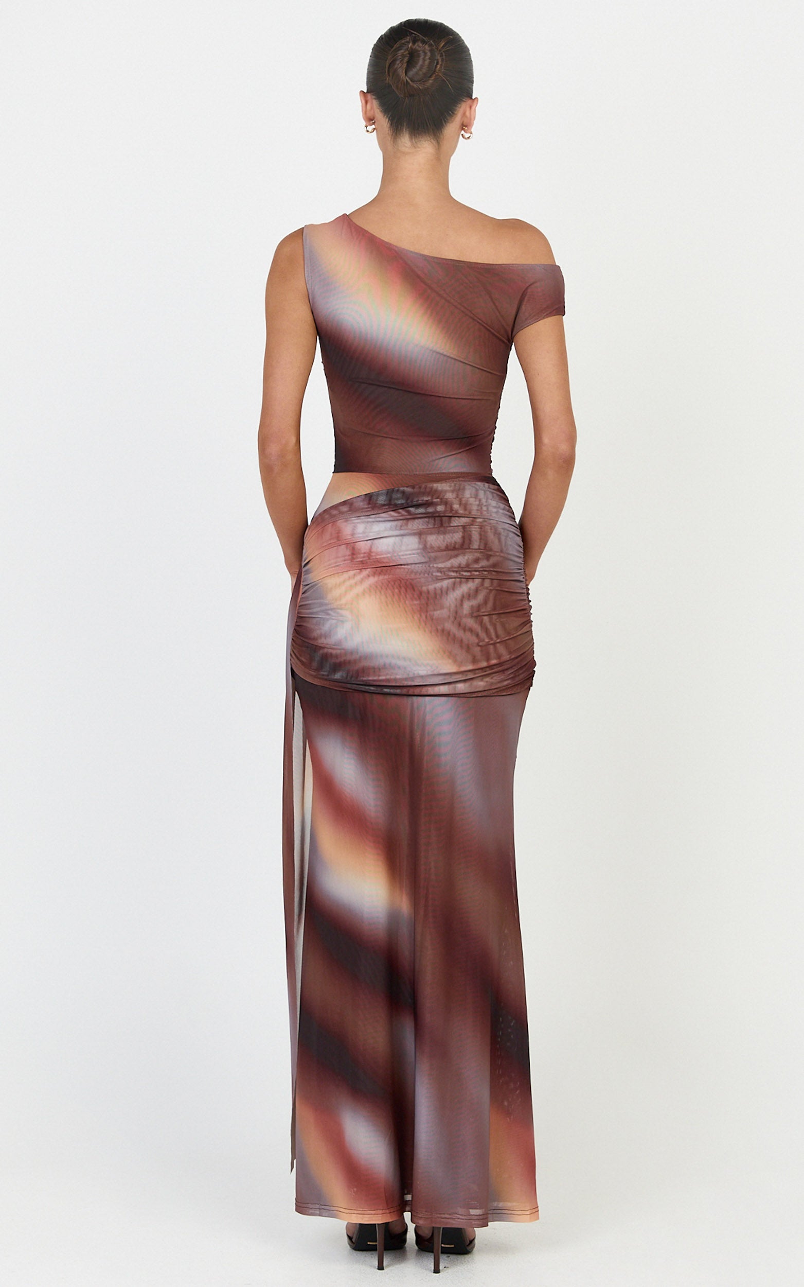 Lucienne Maxi Dress - Asymmetric Neckline Gathered Draped Sash Dress in Aurora Print - View 5