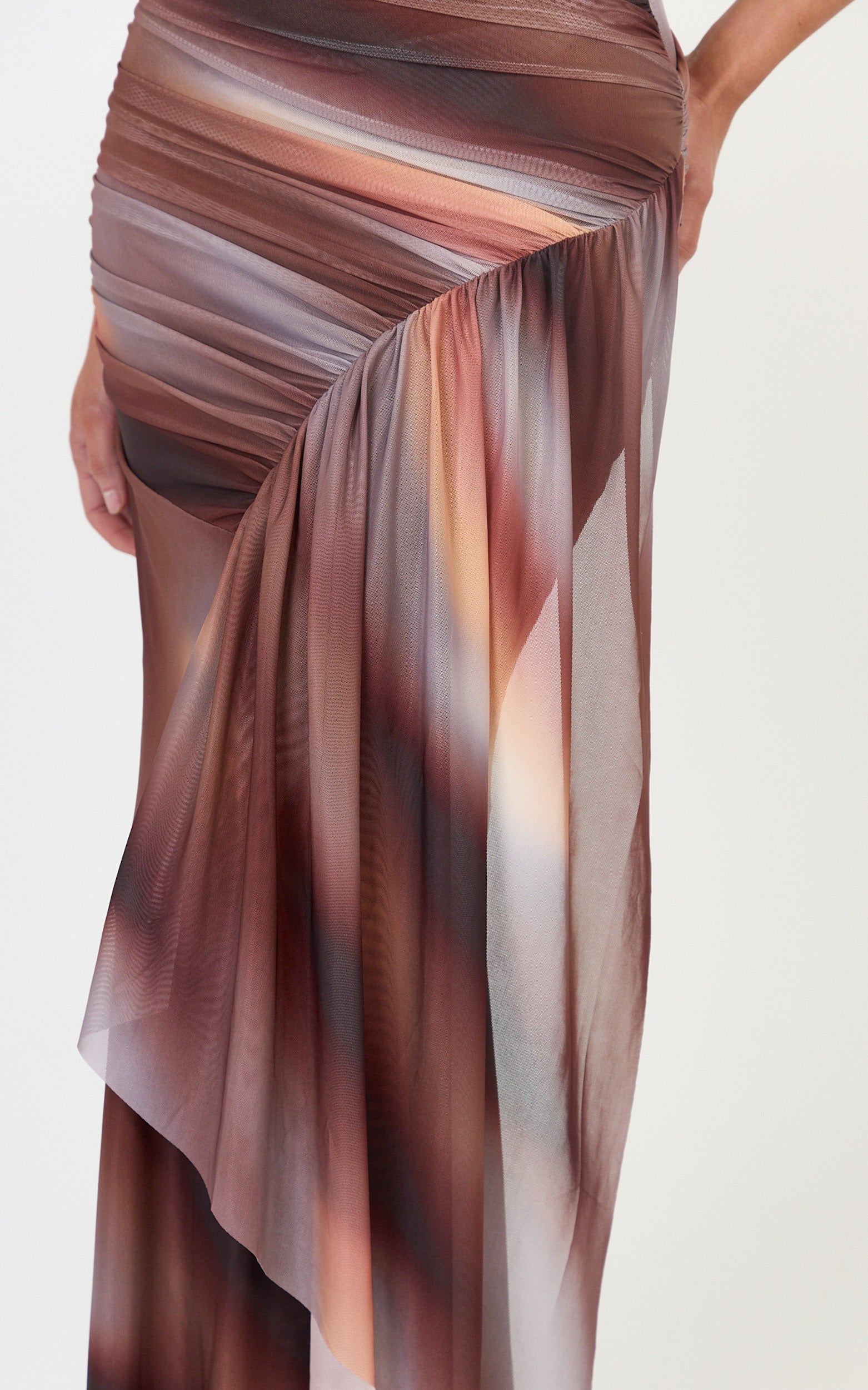 Lucienne Maxi Dress - Asymmetric Neckline Gathered Draped Sash Dress in Aurora Print - View 6