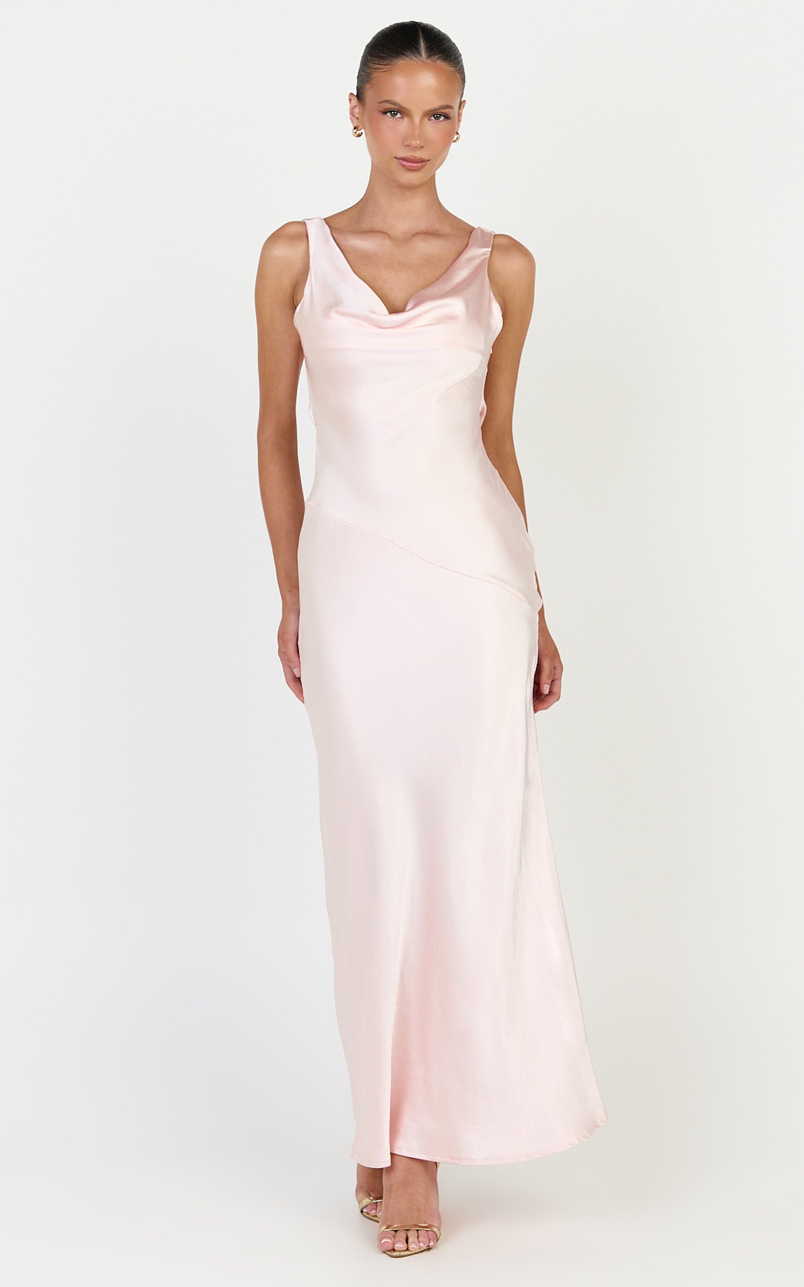 Adilah Maxi Dress - Cowl Neck Satin Dress in Light Pink - View 3