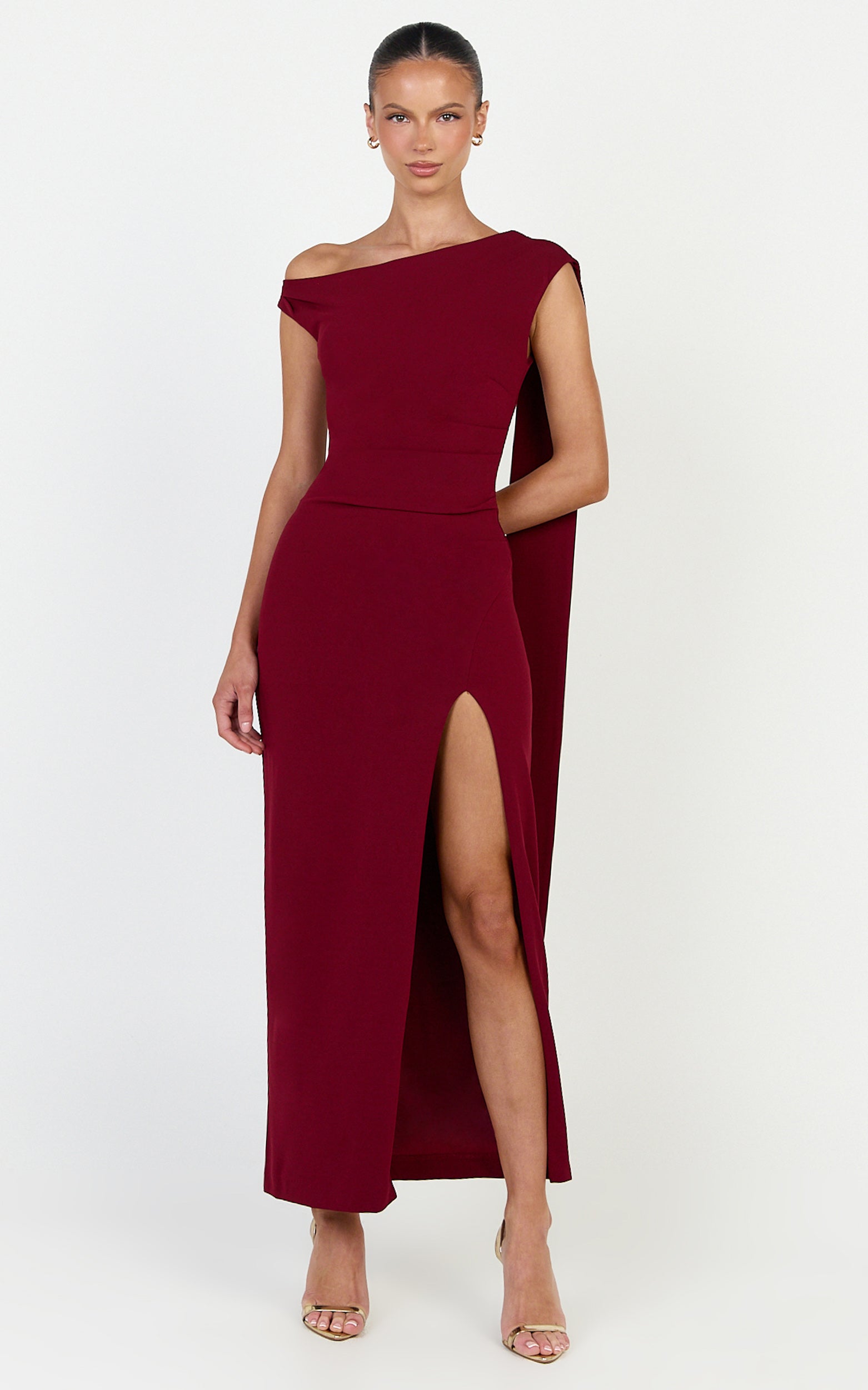 Cosette Midi Dress - Asymmetric Neckline Draped Shoulder Sash Dress in Wine - View 3
