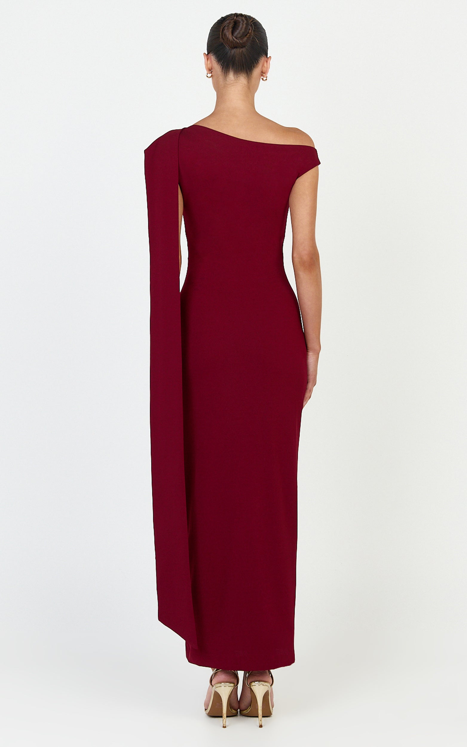 Cosette Midi Dress - Asymmetric Neckline Draped Shoulder Sash Dress in Wine - View 5