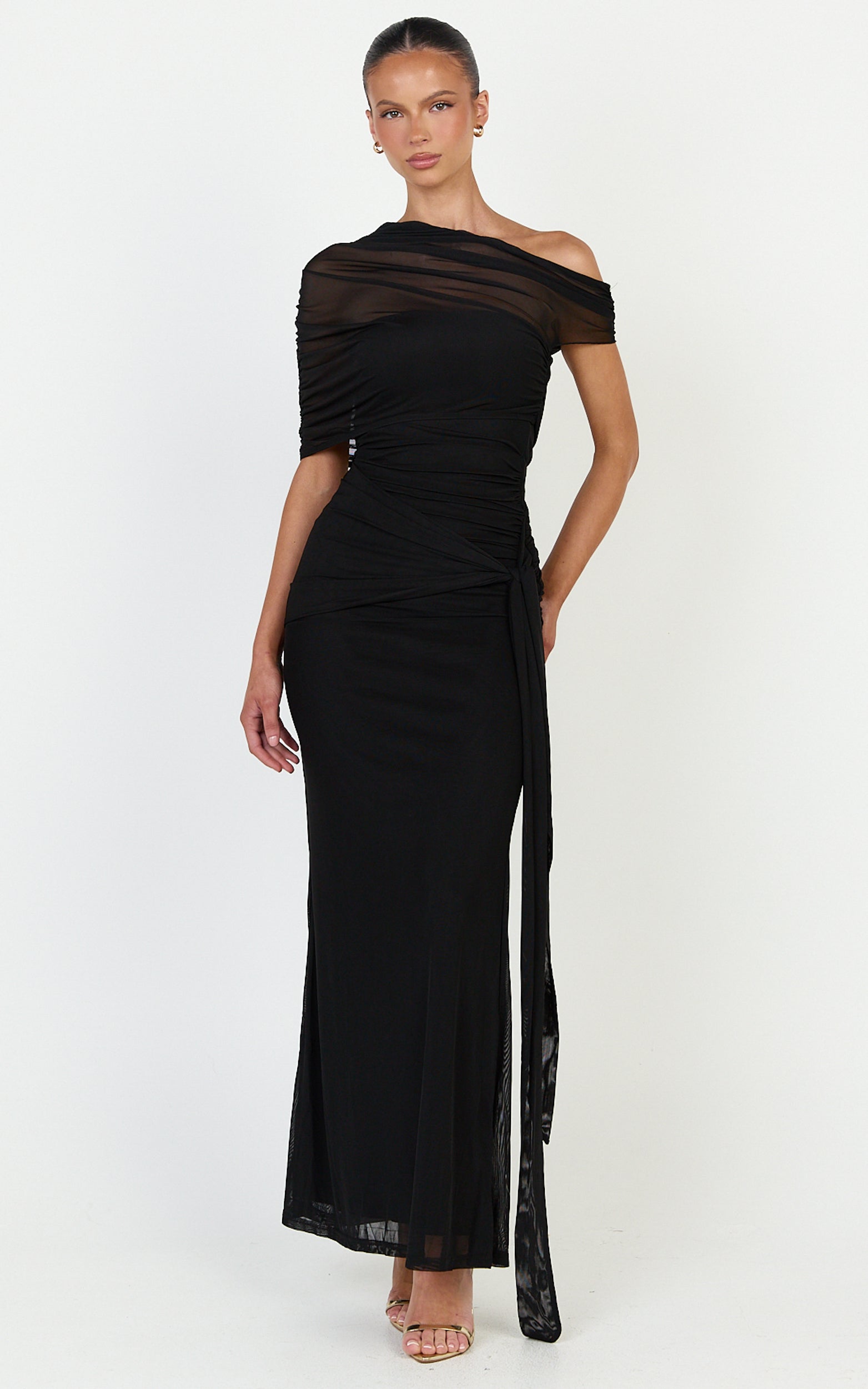 Nicolette Maxi Dress - Cape Sleeve Off Shoulder Dress in Black - View 2