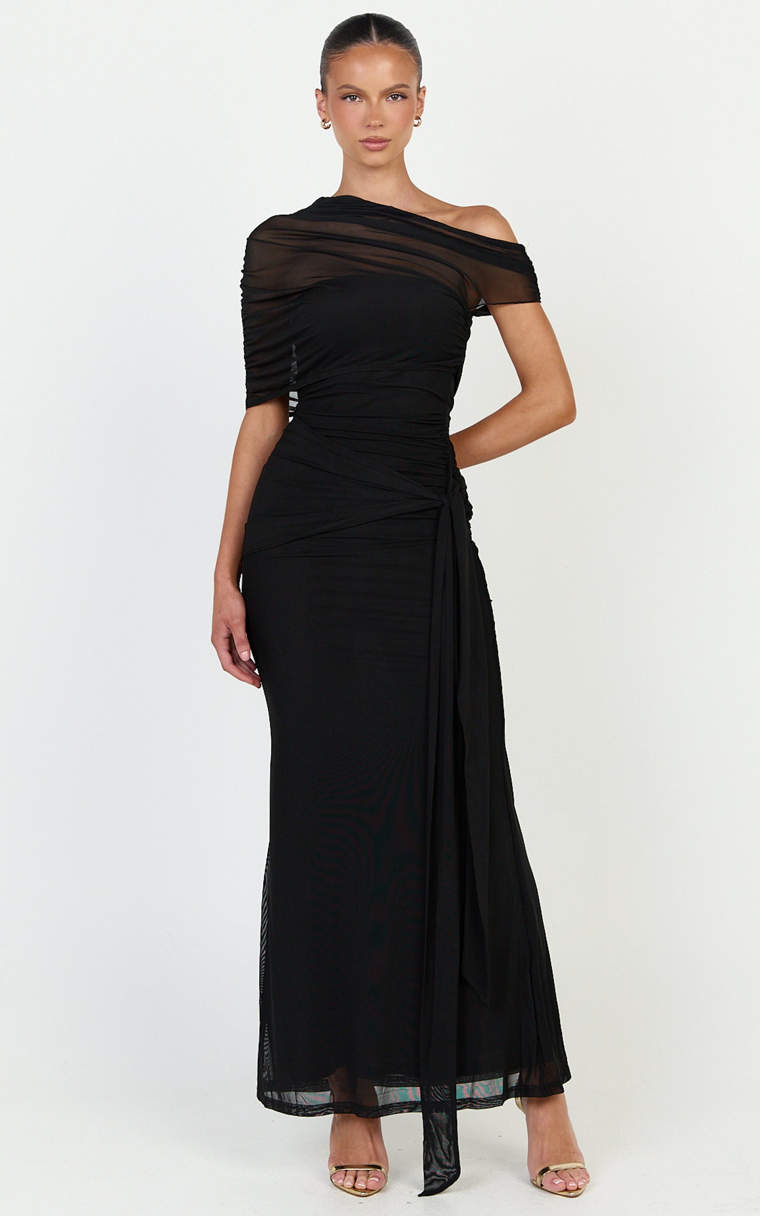 Nicolette Maxi Dress - Cape Sleeve Off Shoulder Dress in Black - View 4