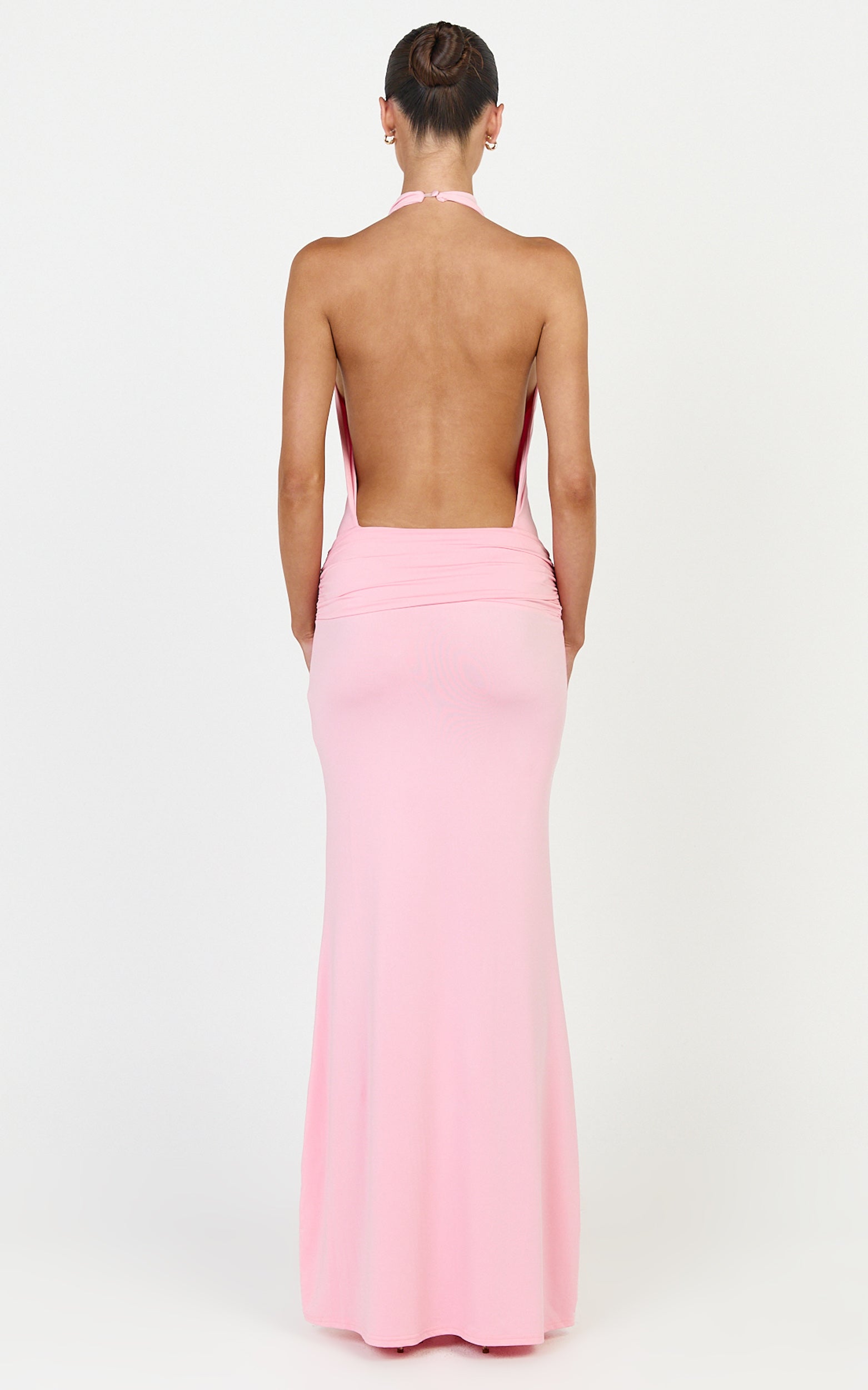 Lizzy Maxi Dress - Backless Ruched Bodycon Dress in Pink - View 2