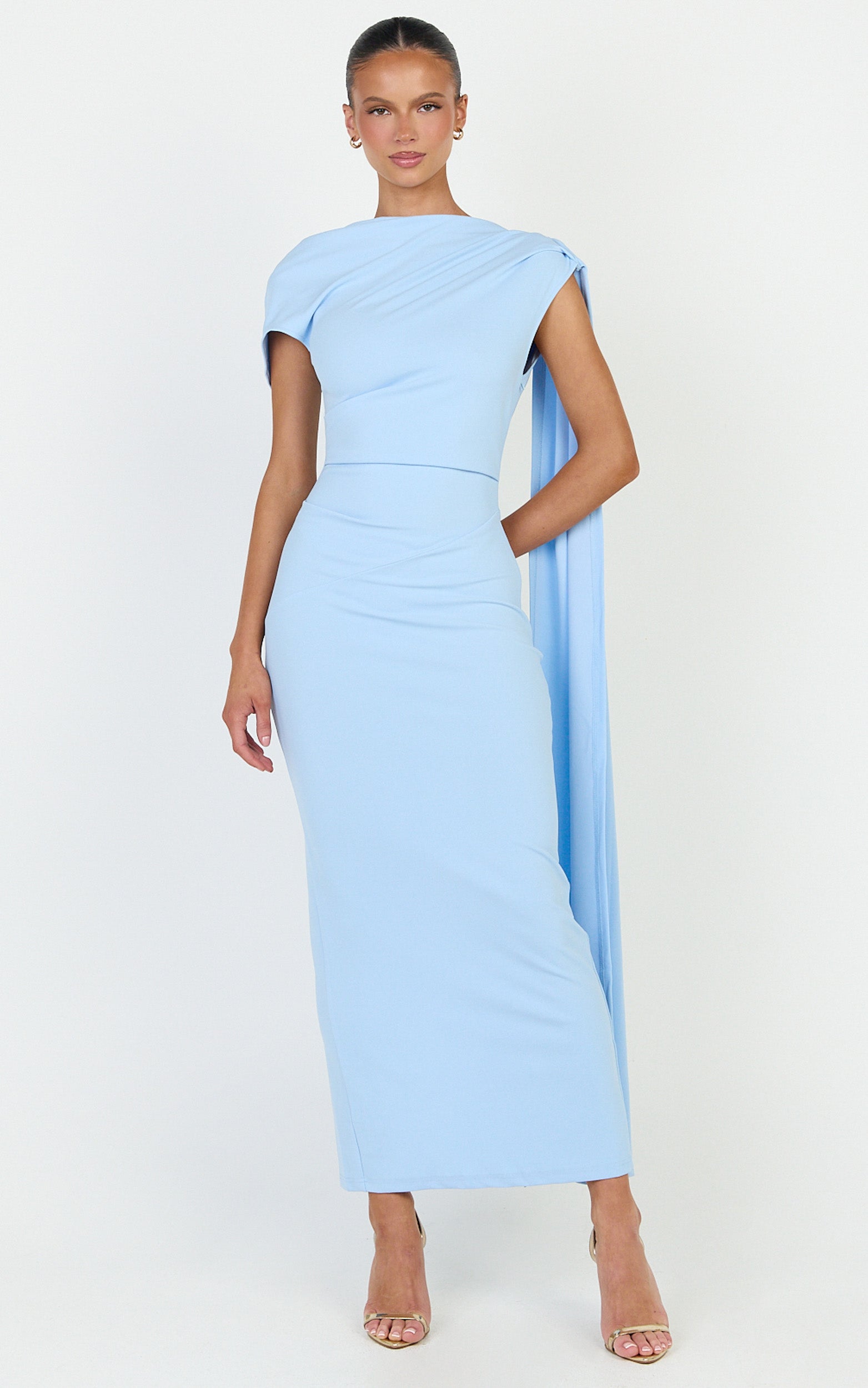 Visenta Midi Dress - Asymmetrical Sleeve Dress in Blue - View 4