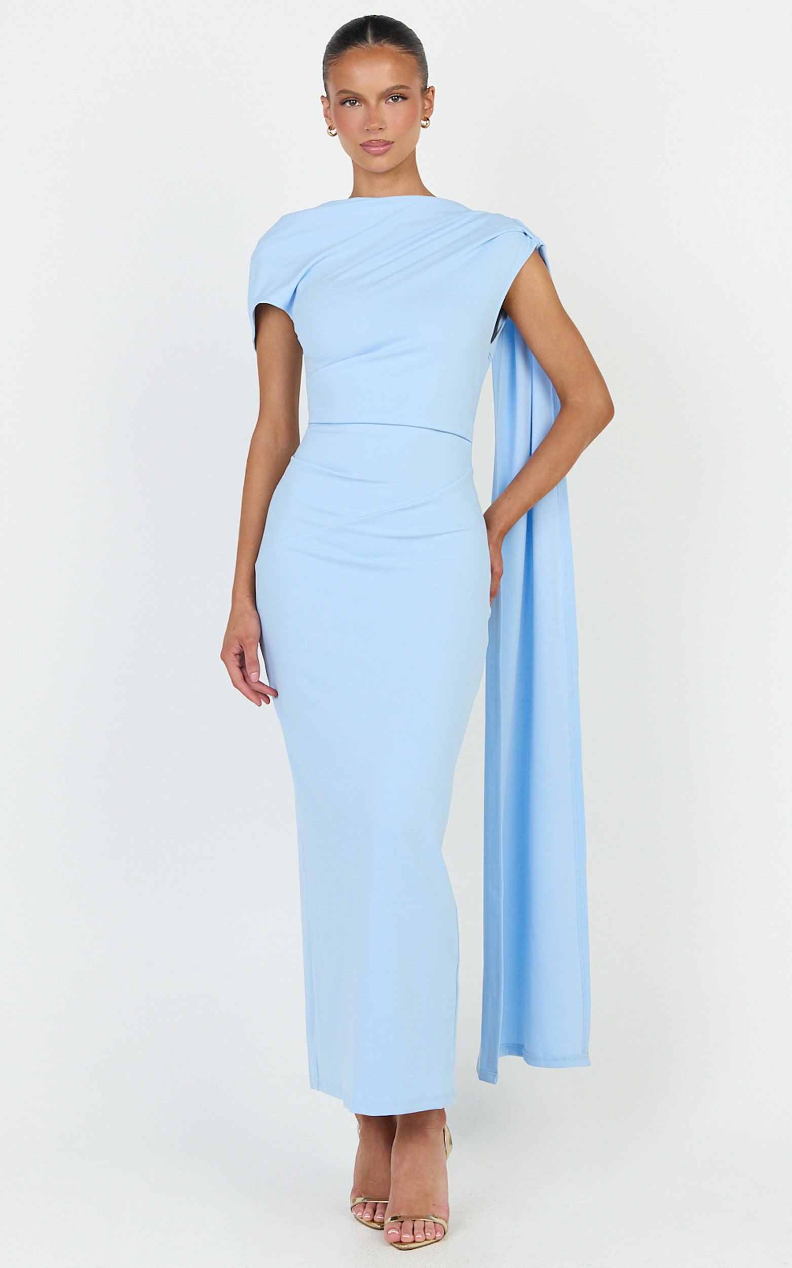 Visenta Midi Dress - Asymmetrical Sleeve Dress in Blue - View 3