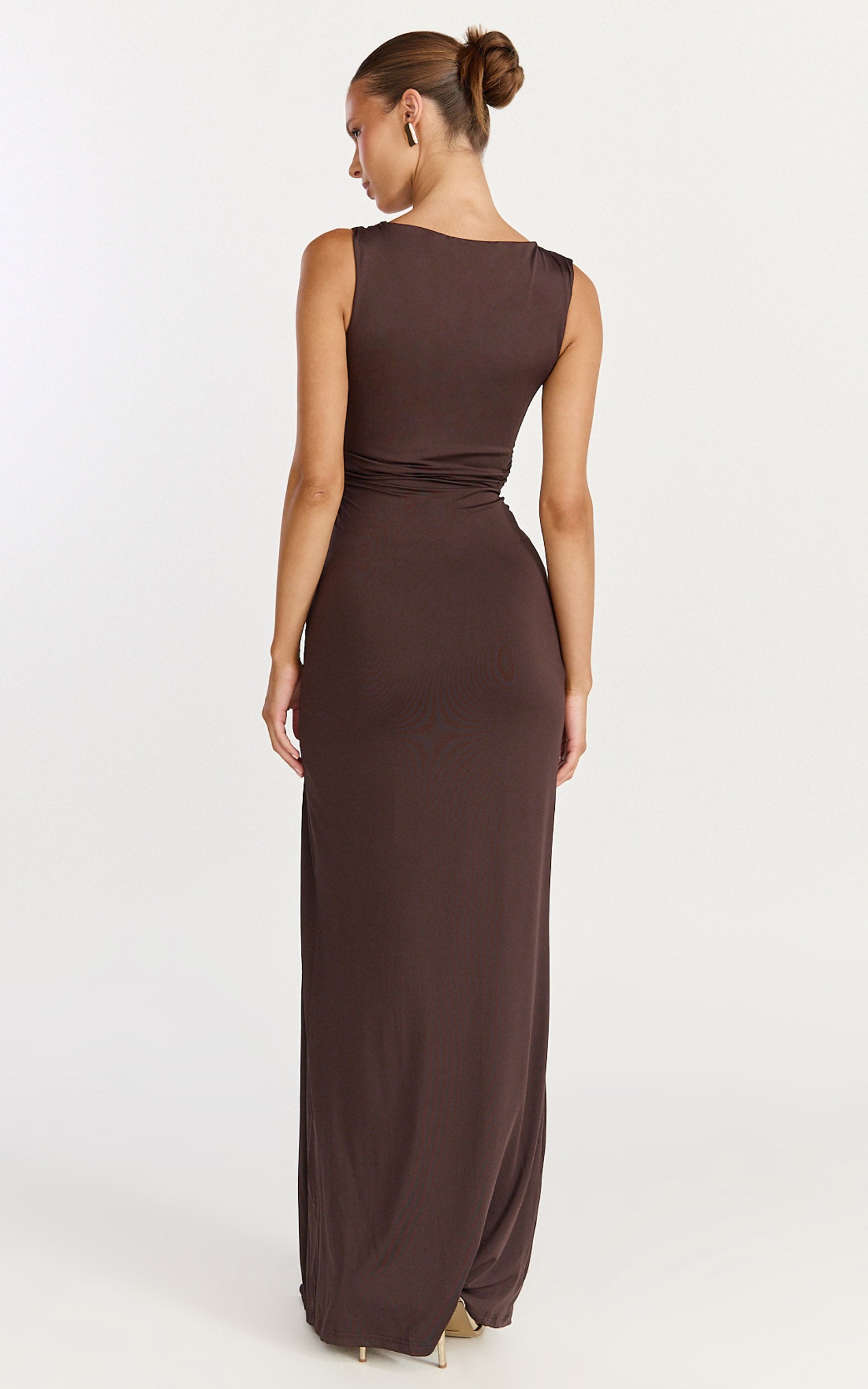 Coraline Maxi Dress - High Neck Sleeveless Draped Sash Dress in Chocolate - View 5