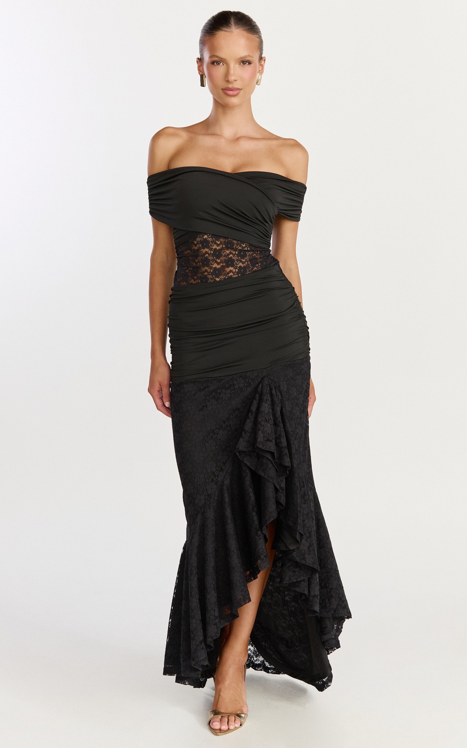 Kaia Maxi Dress - Off Shoulder Long Sleeve Ruffle Hem Lace Dress in Black - View 3