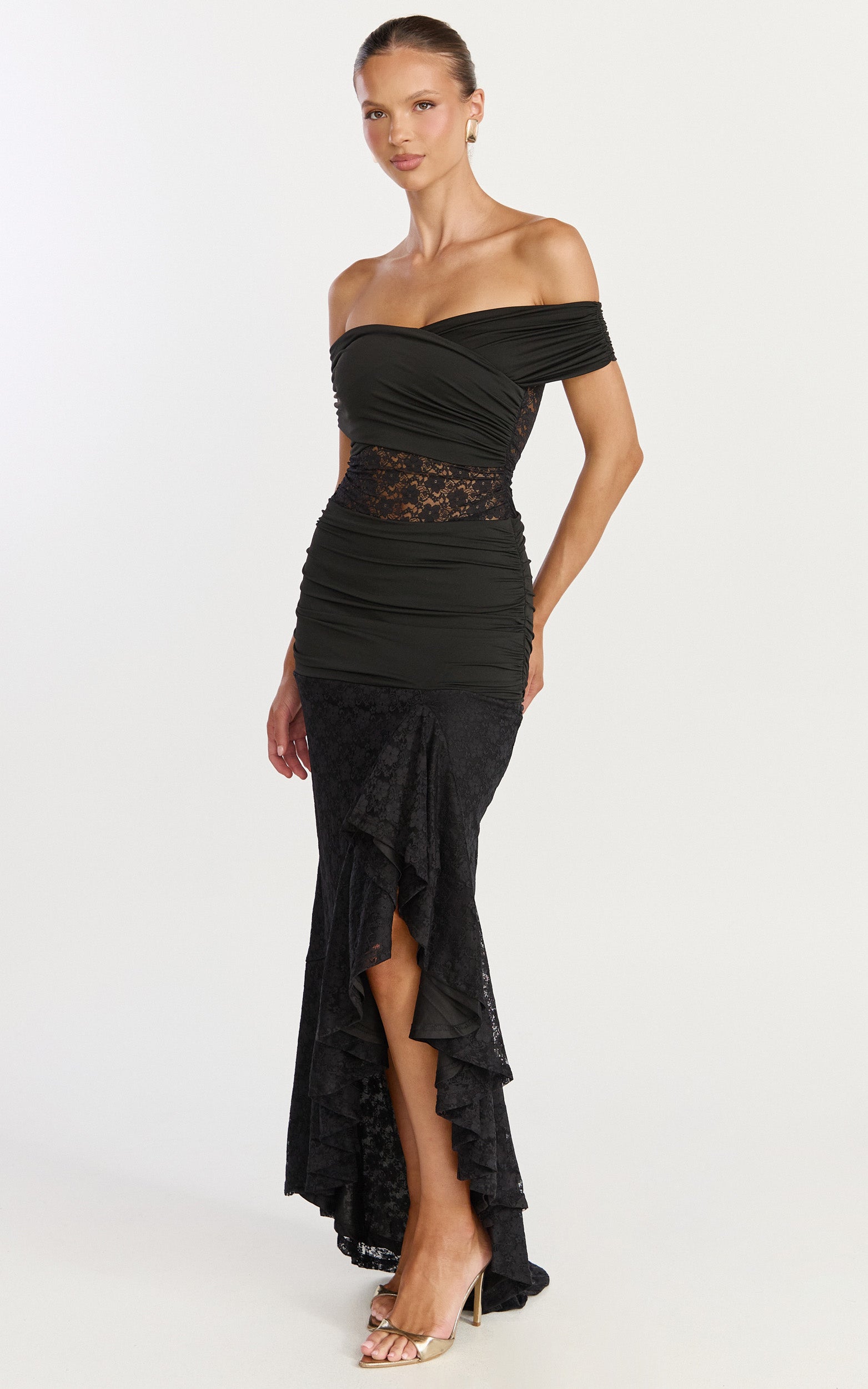 Kaia Maxi Dress - Off Shoulder Long Sleeve Ruffle Hem Lace Dress in Black - View 2
