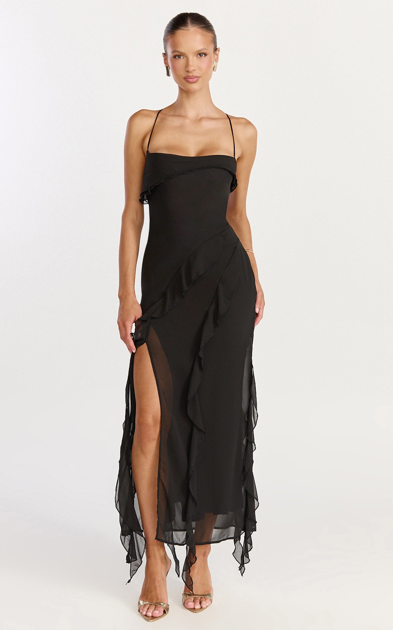 Connie Midi Dress - Ruffle Detail Dress in Black - View 3