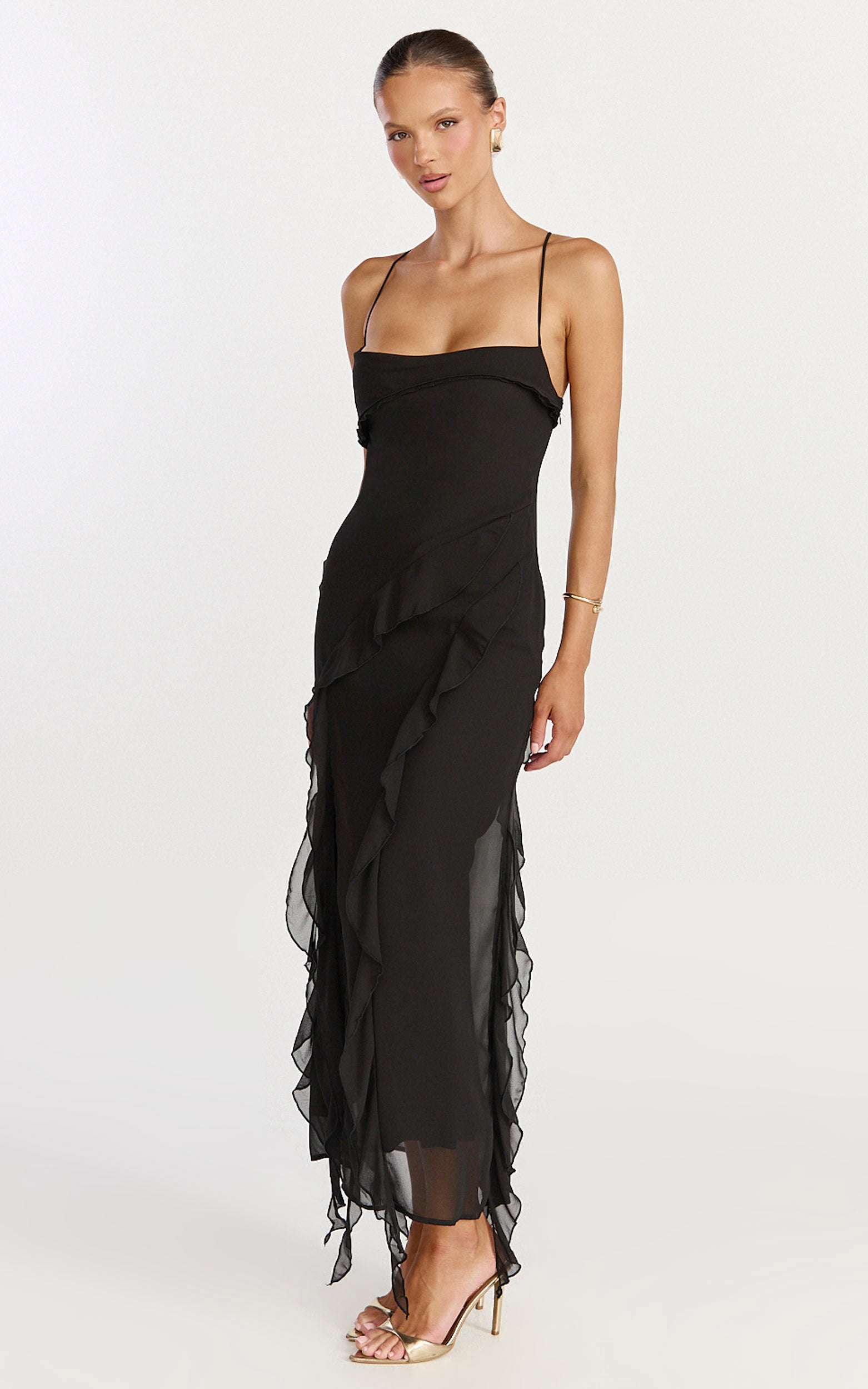 Connie Midi Dress - Ruffle Detail Dress in Black - View 4