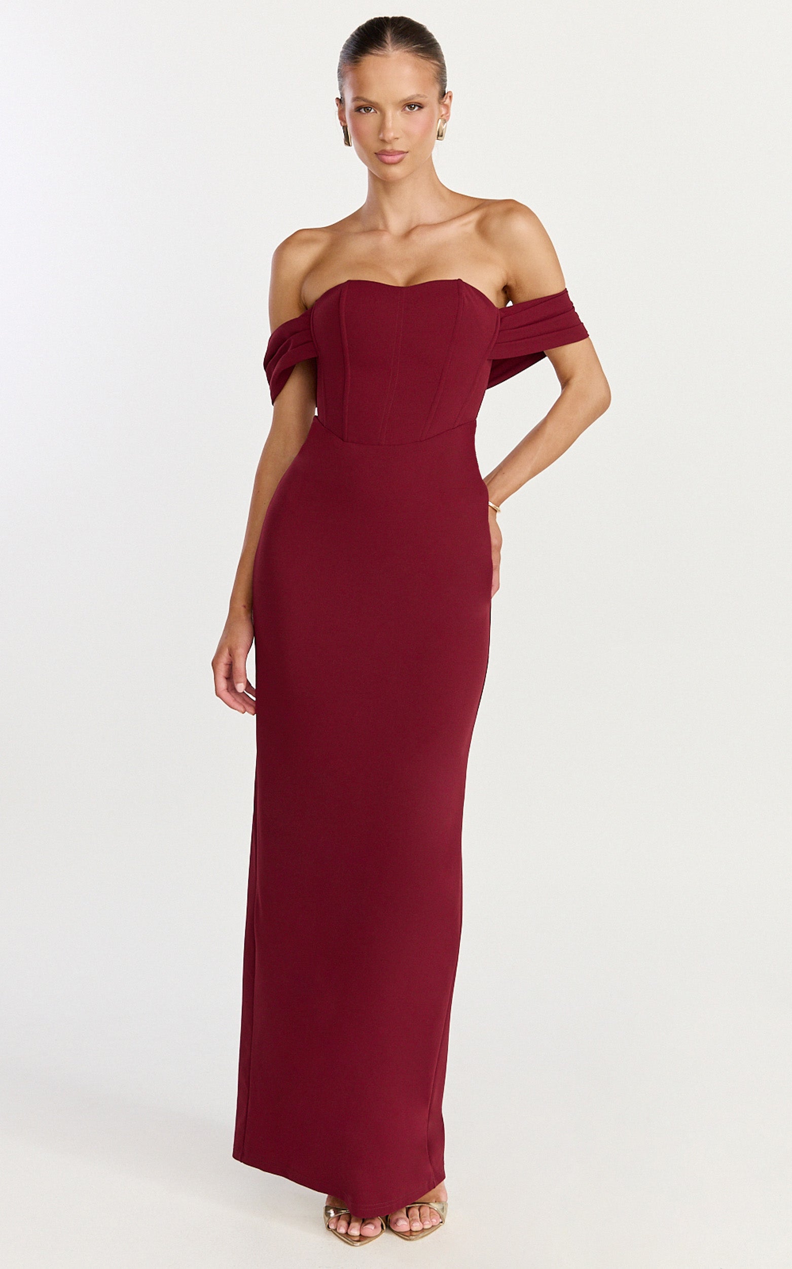 Karina Maxi Dress - Off Shoulder Corset Bodice Lace Up Back Dress in Wine - View 3