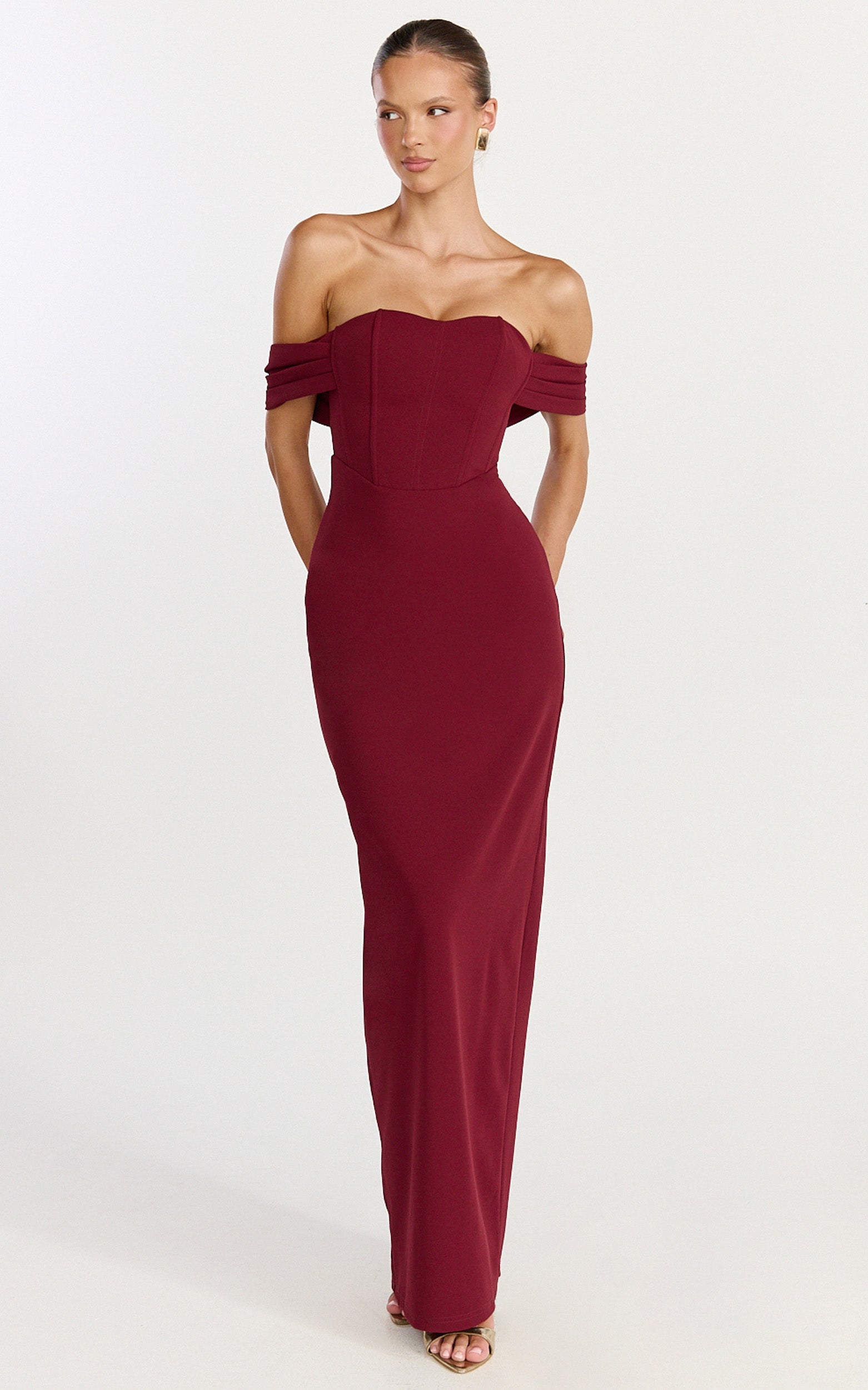Karina Maxi Dress - Off Shoulder Corset Bodice Lace Up Back Dress in Wine - View 4