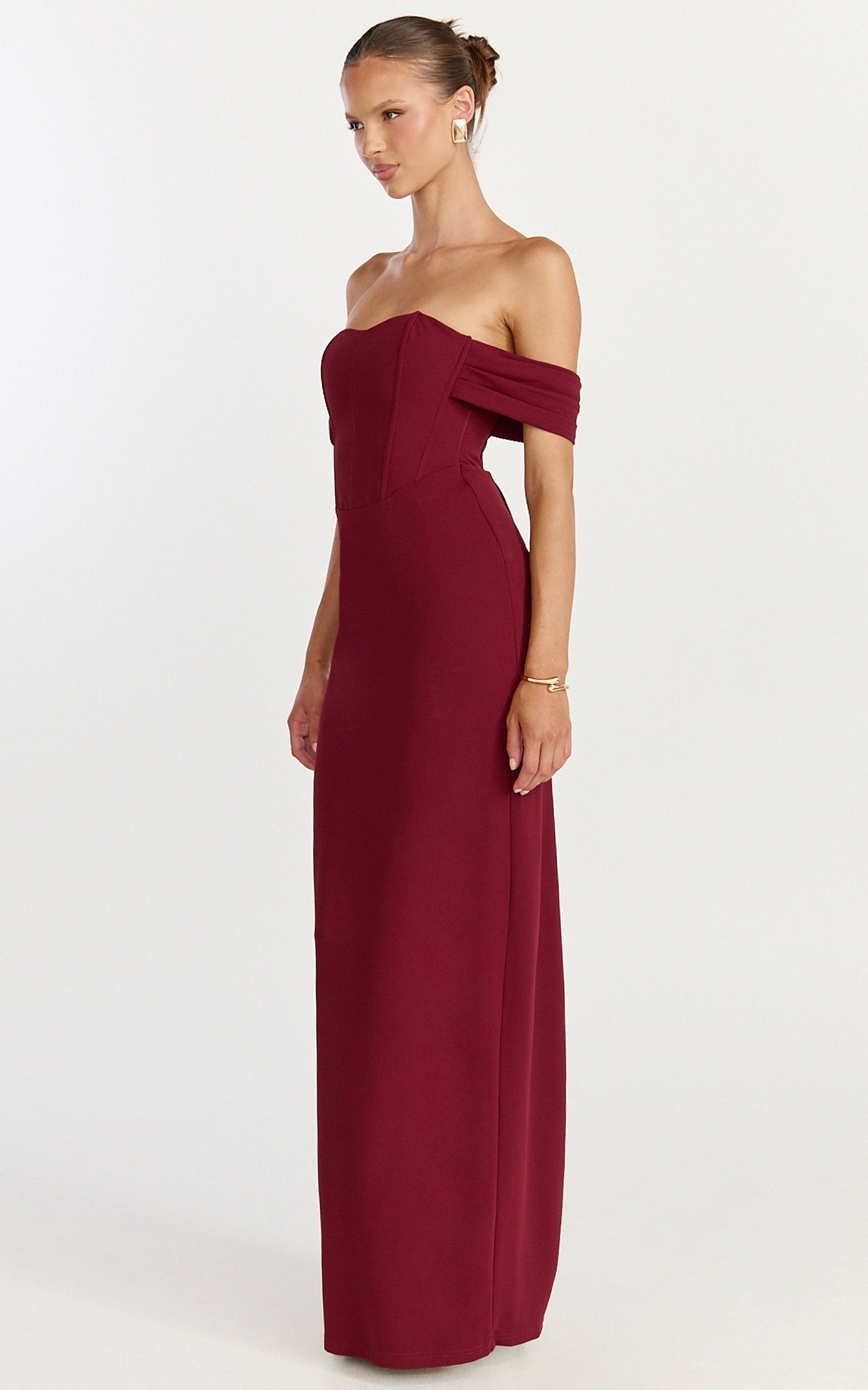 Karina Maxi Dress - Off Shoulder Corset Bodice Lace Up Back Dress in Wine - View 5