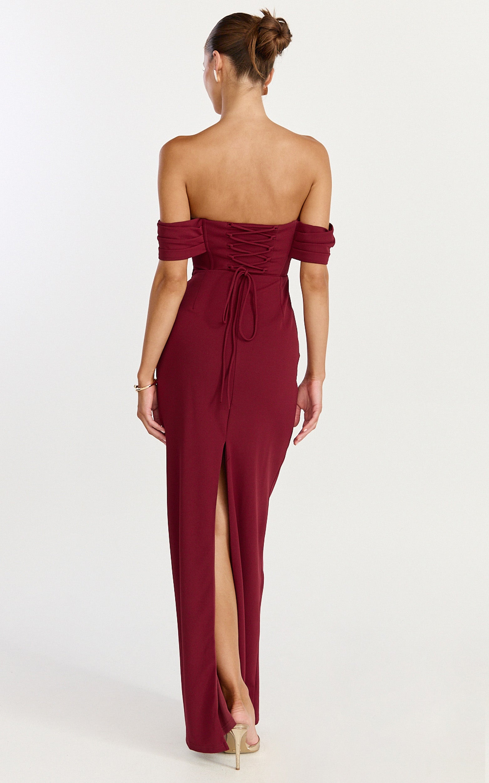 Karina Maxi Dress - Off Shoulder Corset Bodice Lace Up Back Dress in Wine - View 2