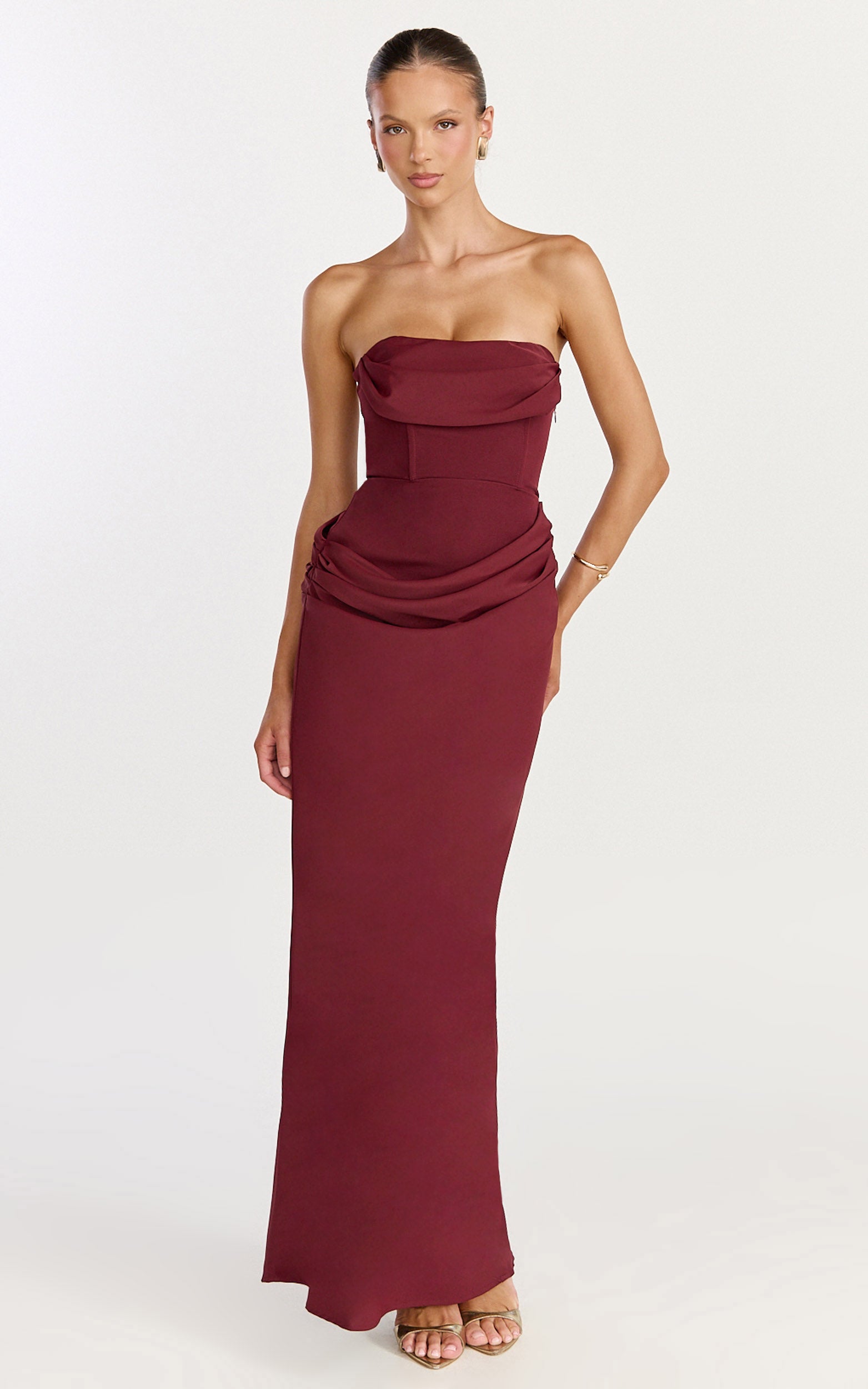 Phoebe Maxi Dress - Strapless Structured Bodice Drape Skirt Dress in Wine - View 3