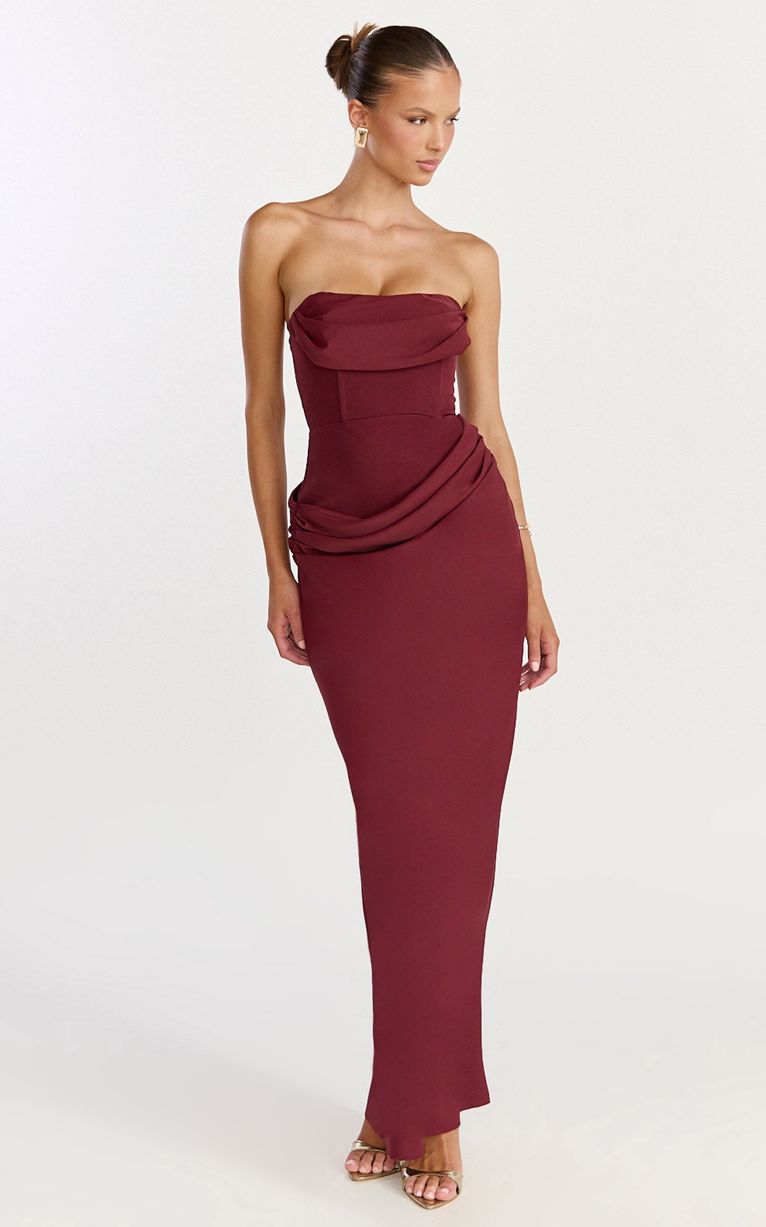 Phoebe Maxi Dress - Strapless Structured Bodice Drape Skirt Dress in Wine - View 4